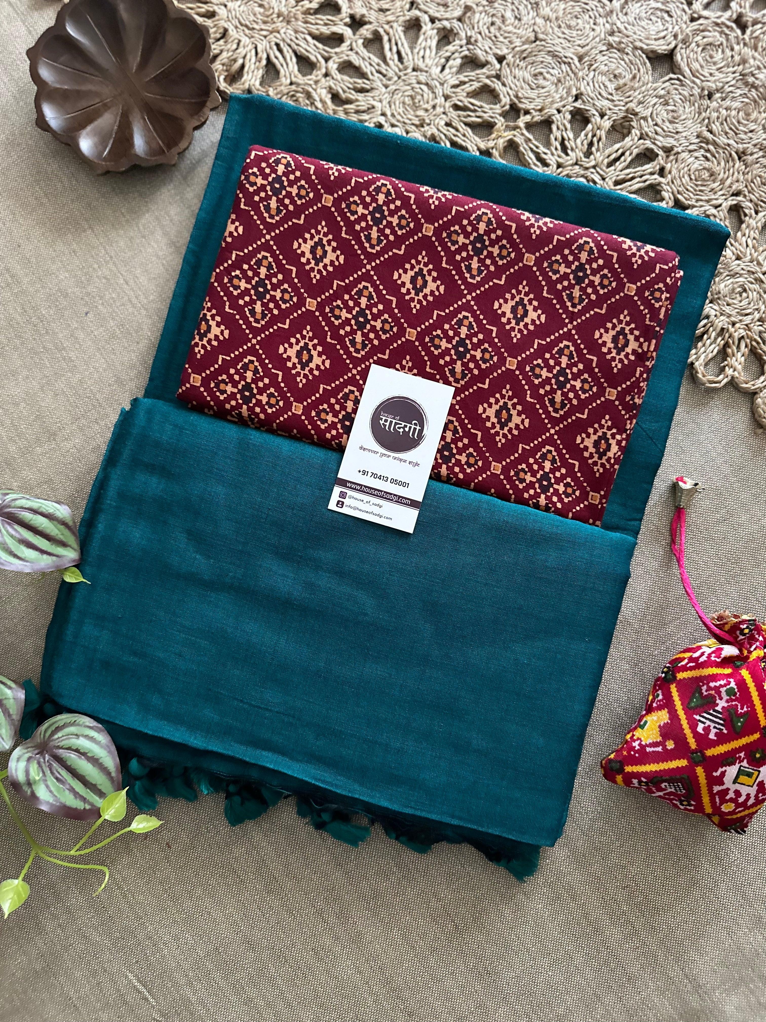 Rama Handloom Khadi Cotton Saree With Geometric Print Blouse - House Of Sadgi