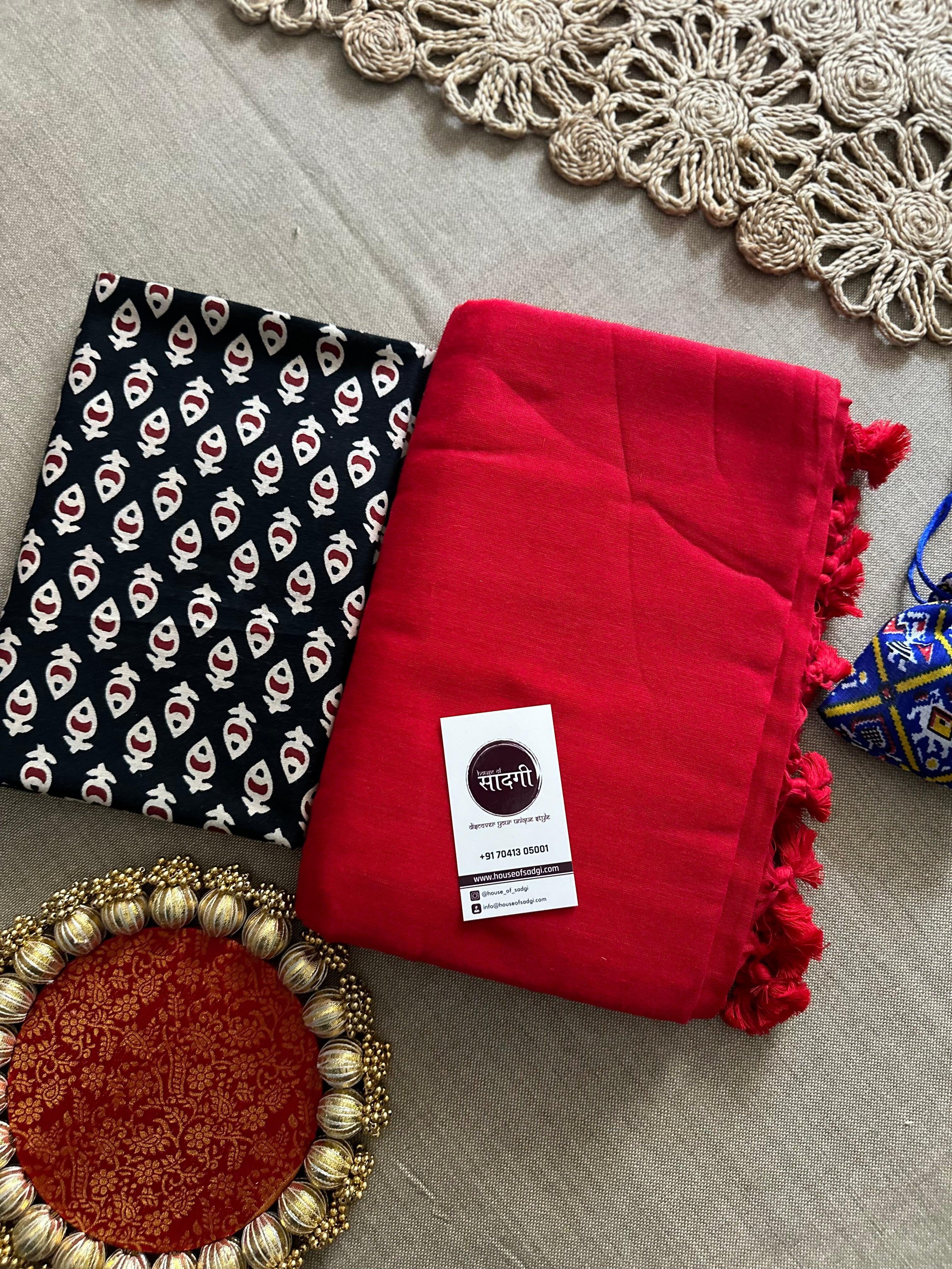 Red Handloom Khadi Cotton Saree With Black Printed Blouse - House Of Sadgi