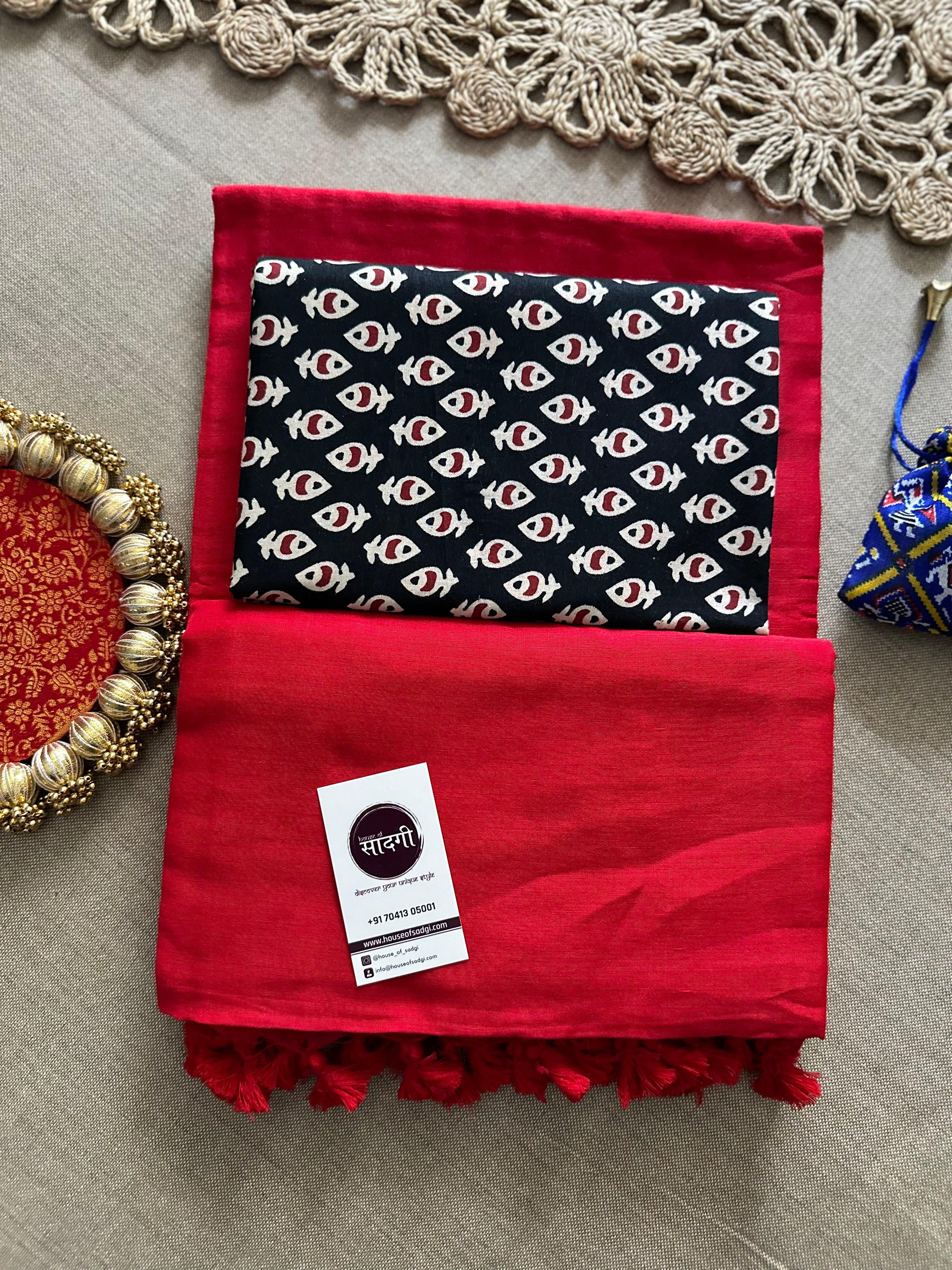 Red Handloom Khadi Cotton Saree With Black Printed Blouse - House Of Sadgi