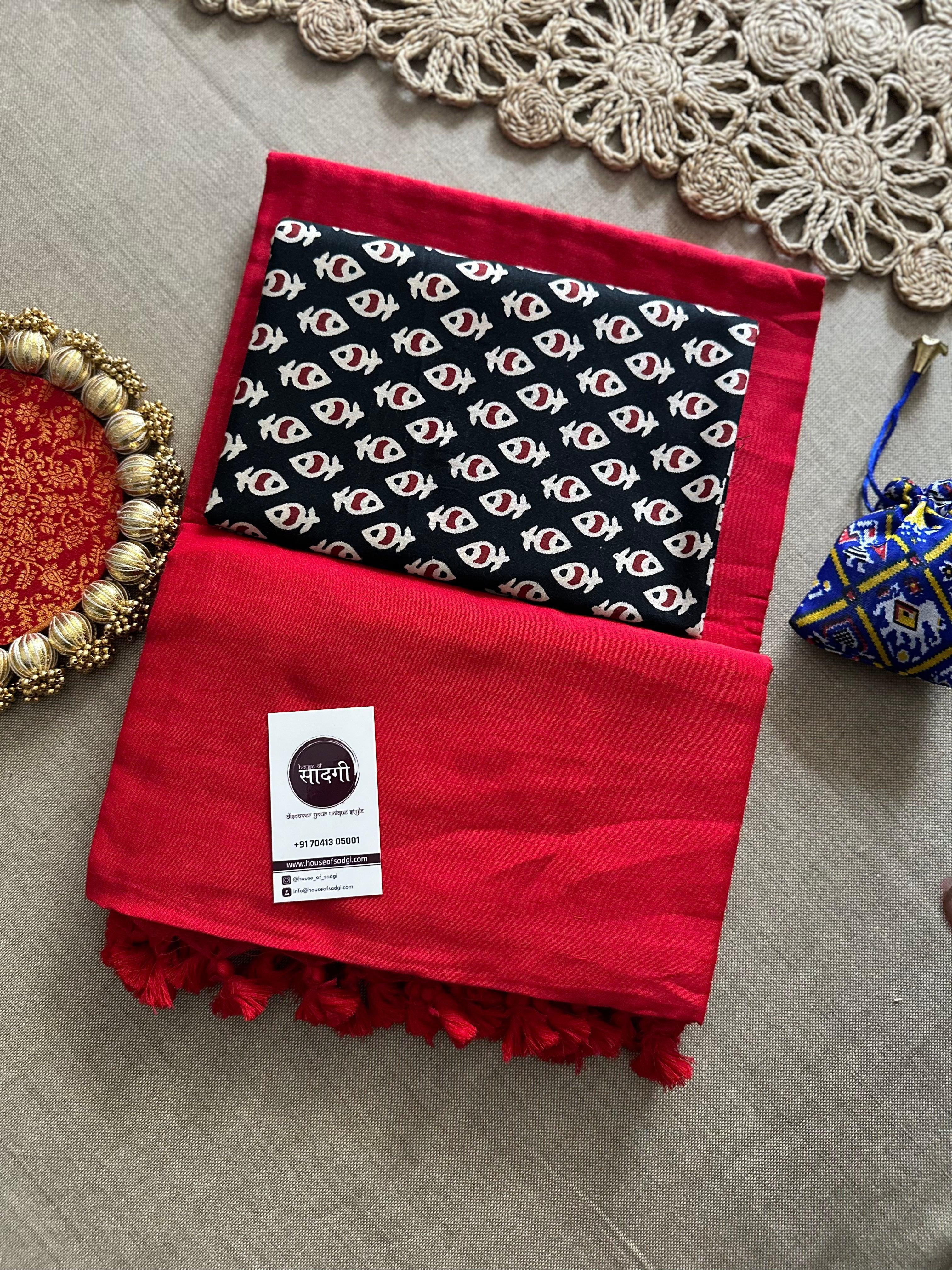 Red Handloom Khadi Cotton Saree With Black Printed Blouse - House Of Sadgi