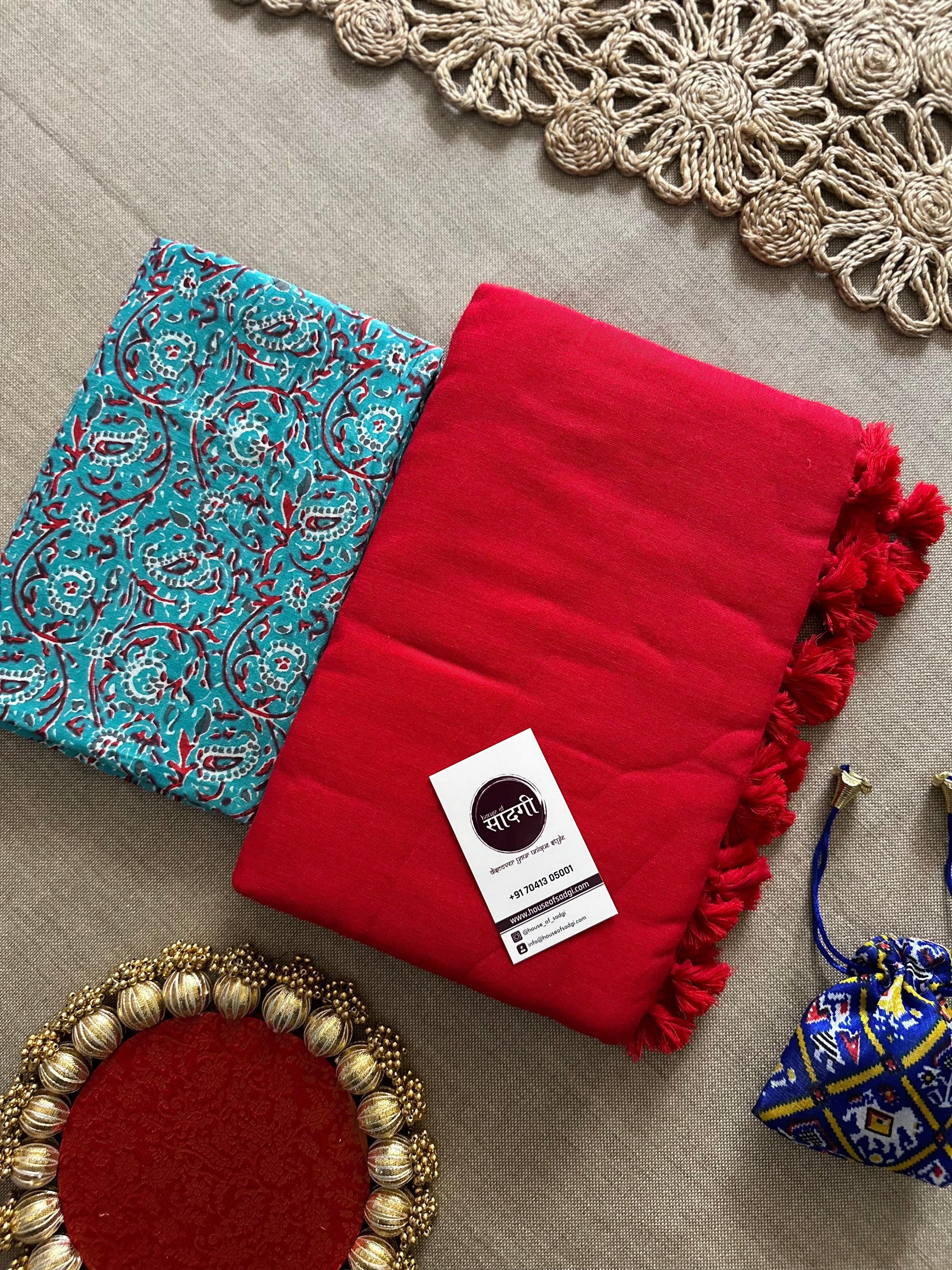 Red Handloom Khadi Cotton Saree With Contrast Blouse - House Of Sadgi