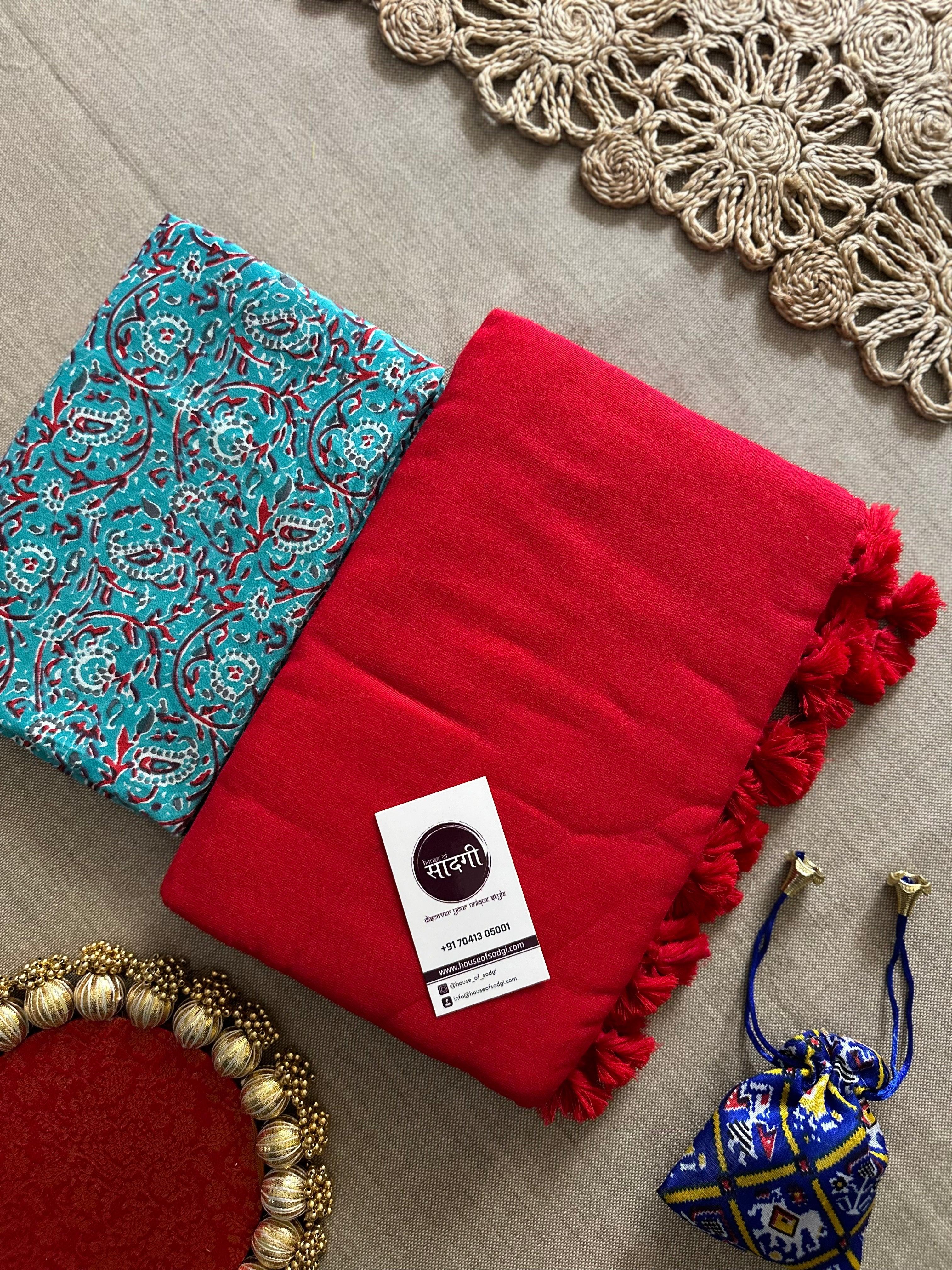 Red Handloom Khadi Cotton Saree With Contrast Blouse - House Of Sadgi