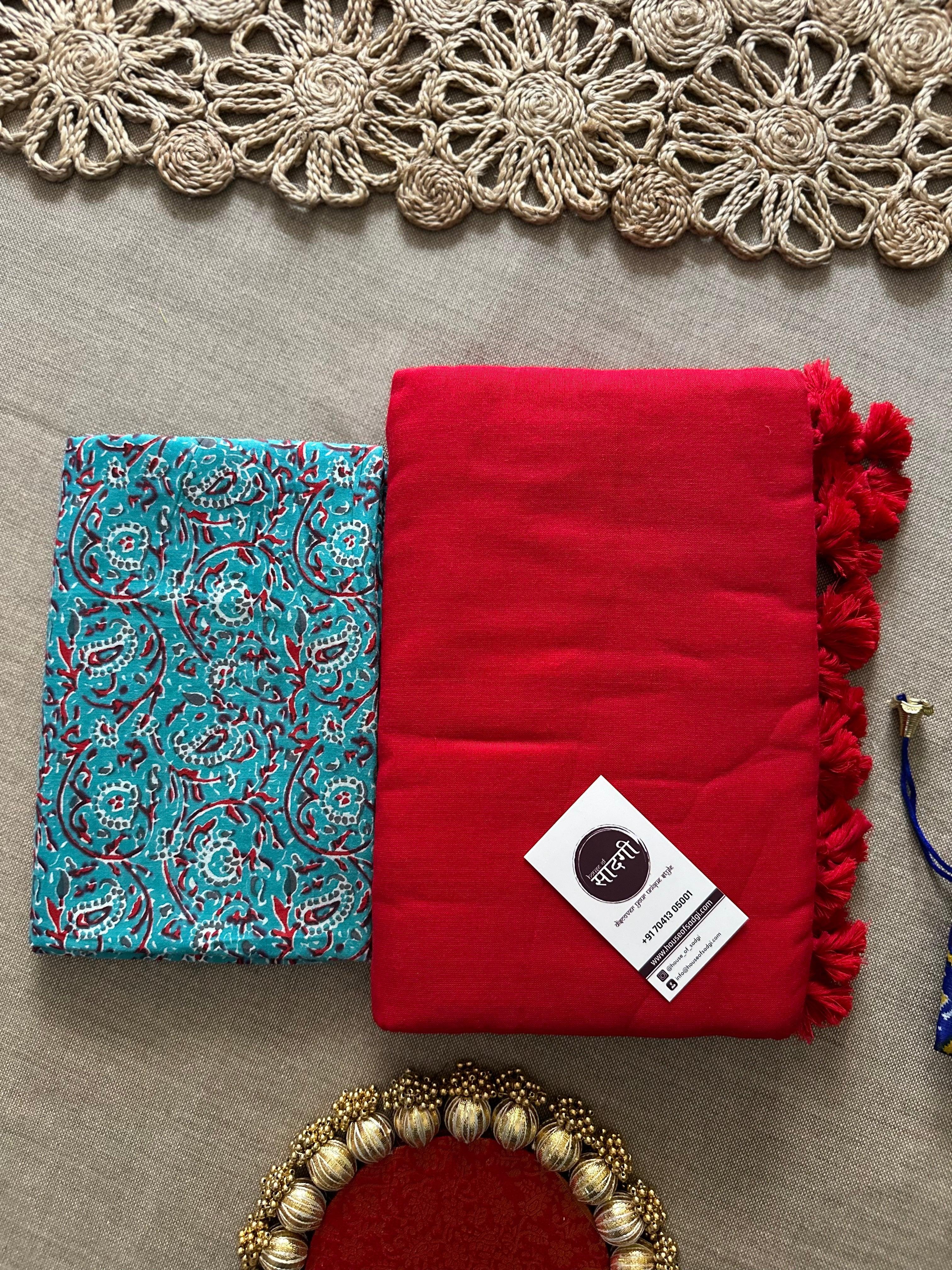 Red Handloom Khadi Cotton Saree With Contrast Blouse - House Of Sadgi