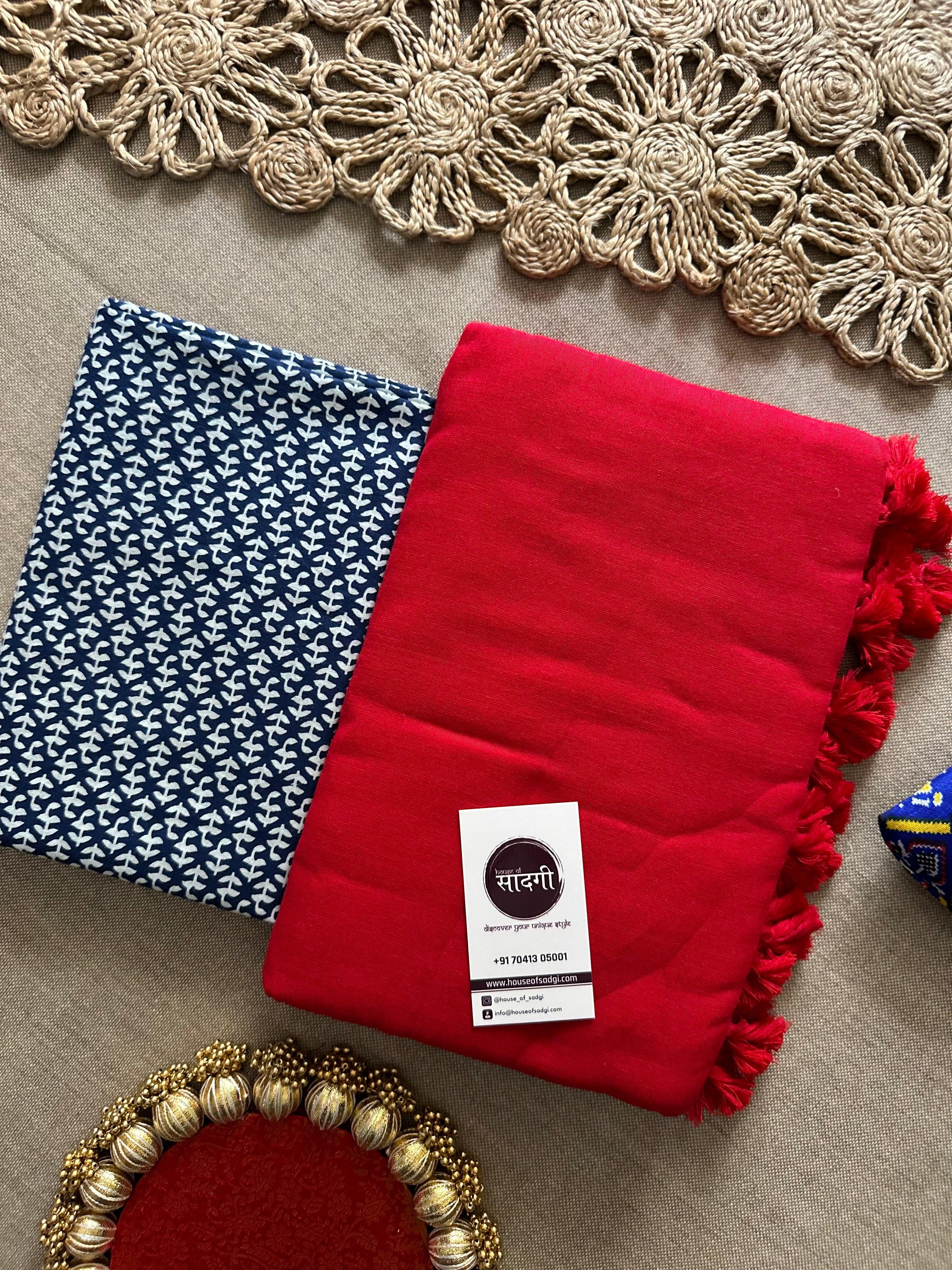 Red Handloom Khadi Cotton Saree With Printed Blouse - House Of Sadgi