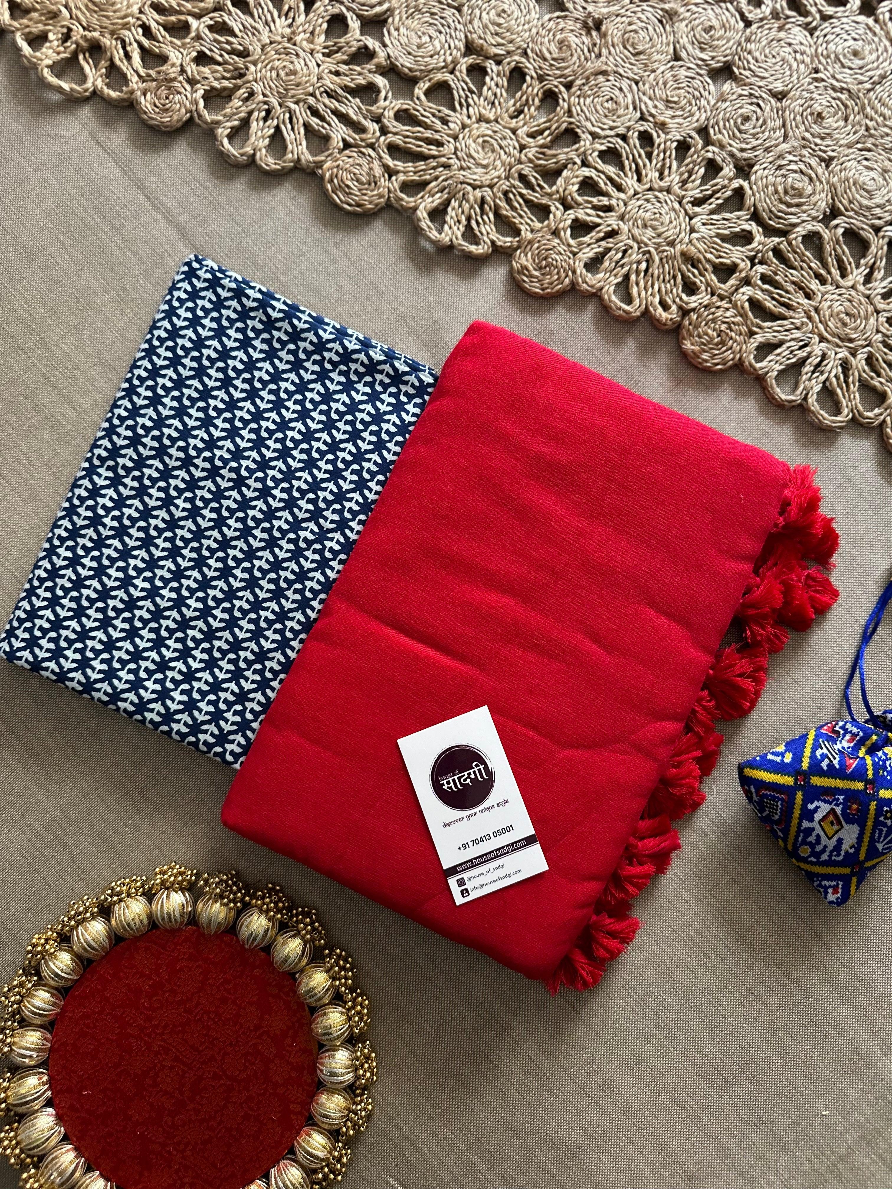 Red Handloom Khadi Cotton Saree With Printed Blouse - House Of Sadgi