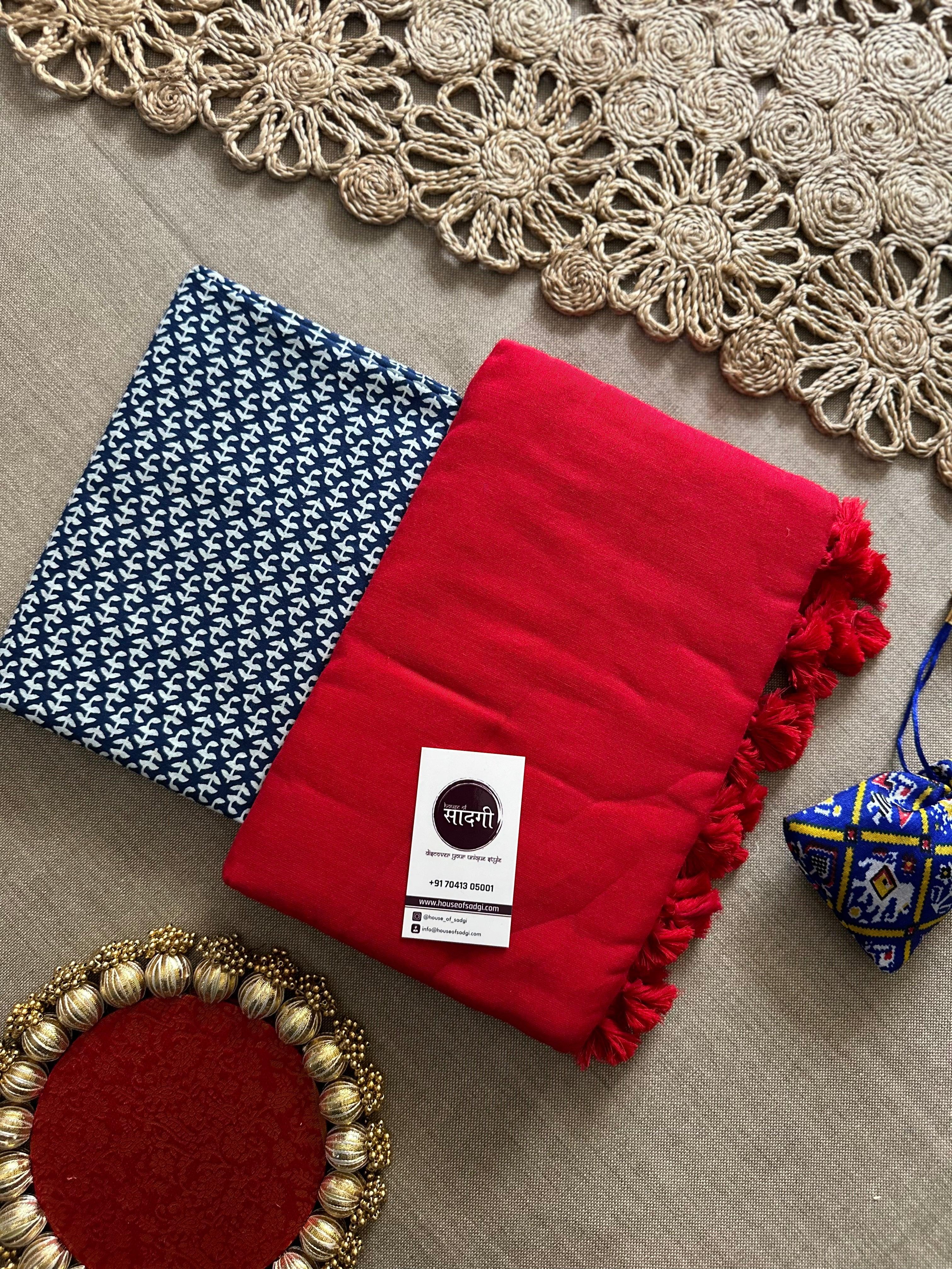 Red Handloom Khadi Cotton Saree With Printed Blouse - House Of Sadgi