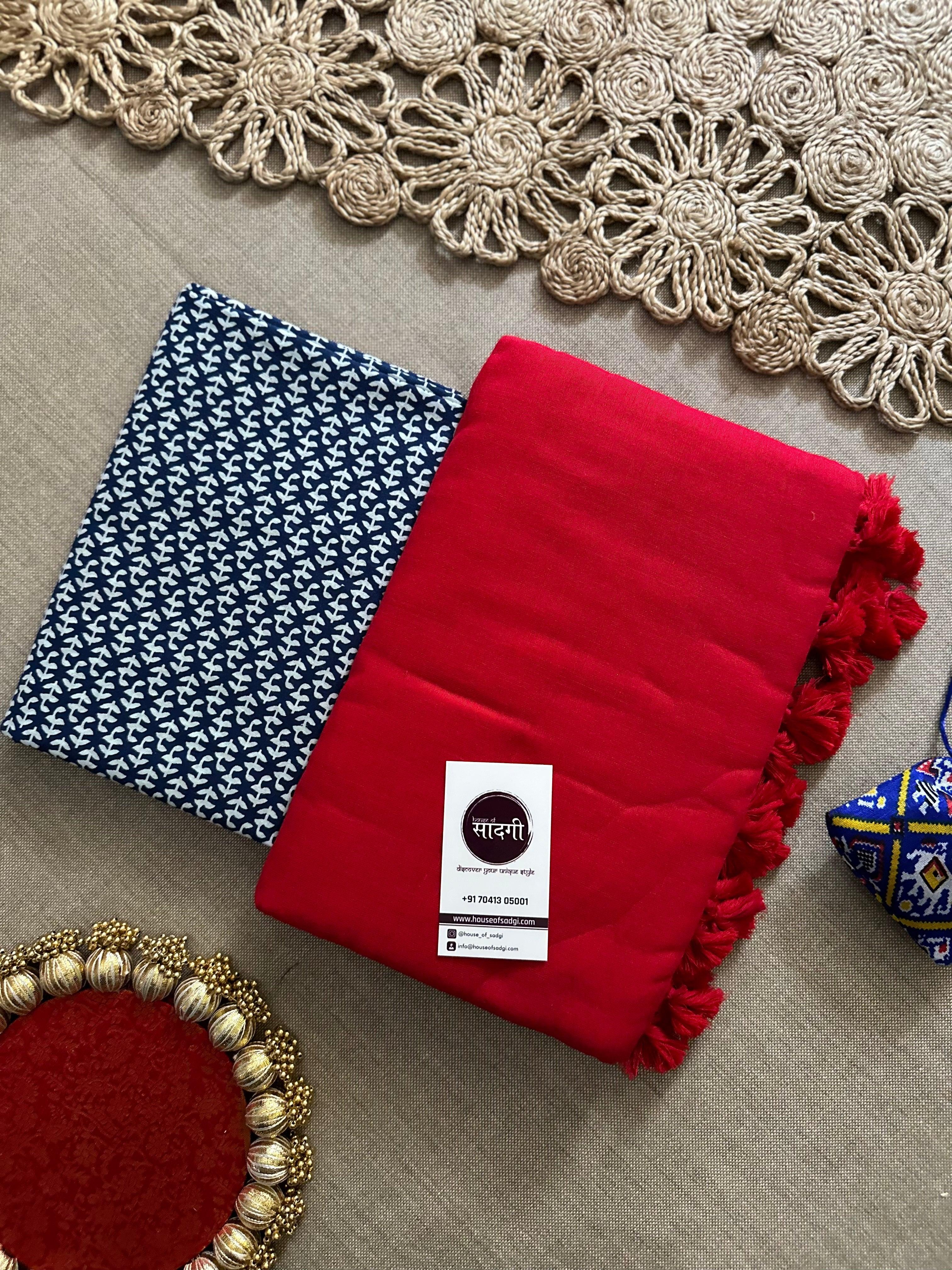 Red Handloom Khadi Cotton Saree With Printed Blouse - House Of Sadgi