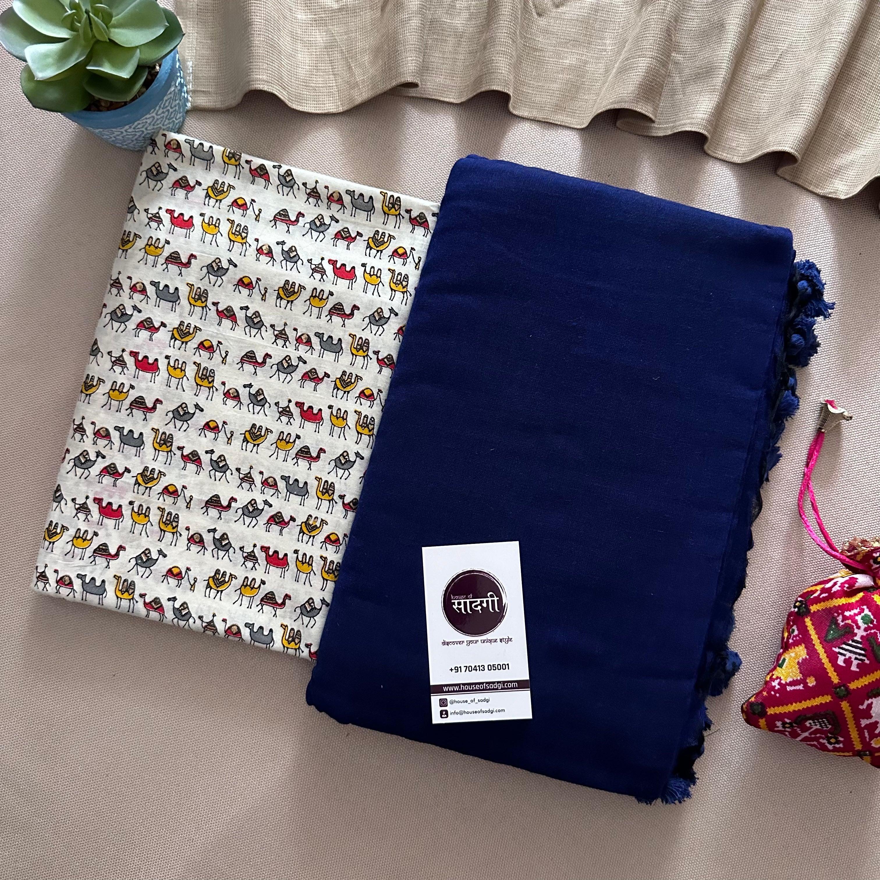 Royal Blue Khadi Cotton Saree With Animal Printed Blouse - House Of Sadgi