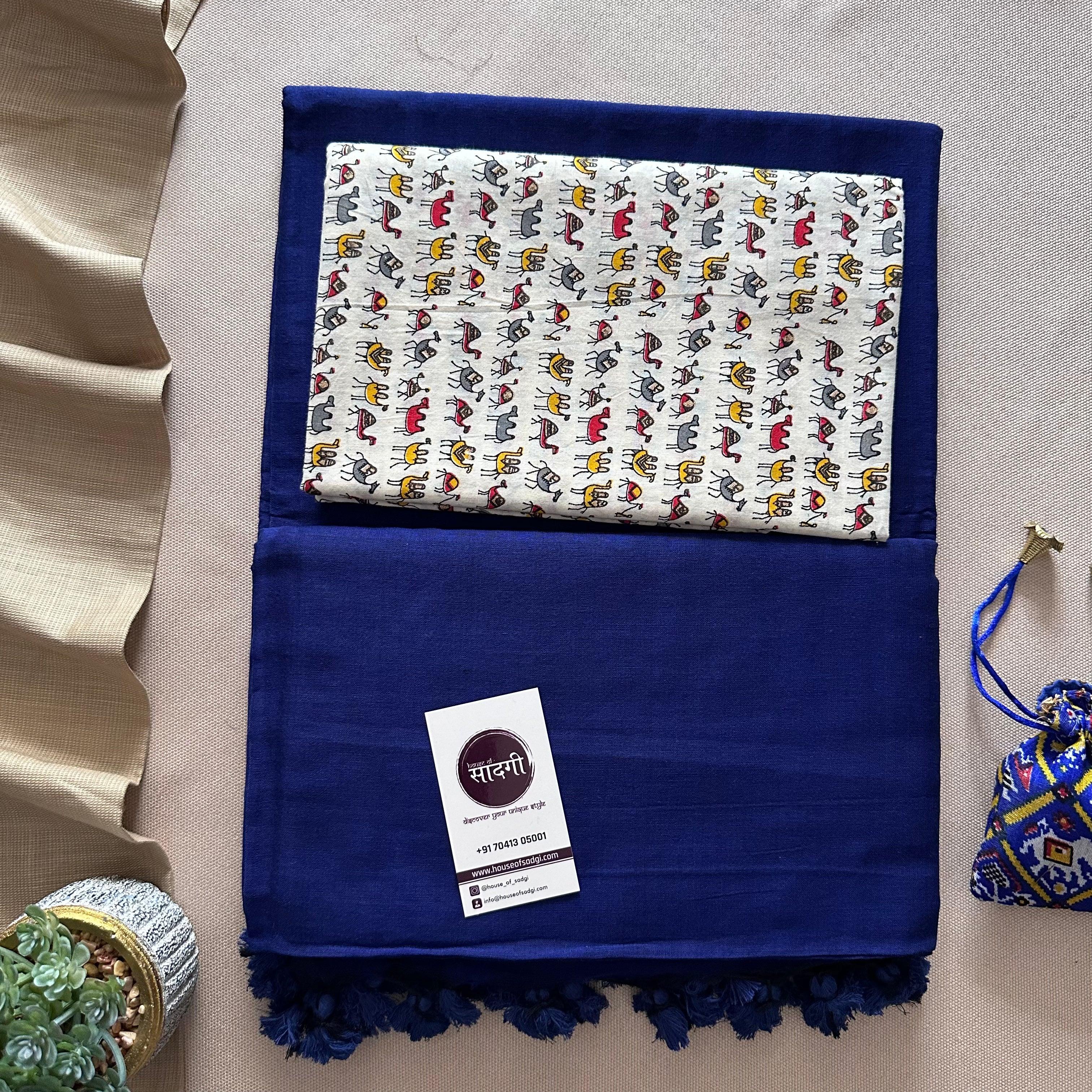 Royal Blue Khadi Cotton Saree With Animal Printed Blouse - House Of Sadgi