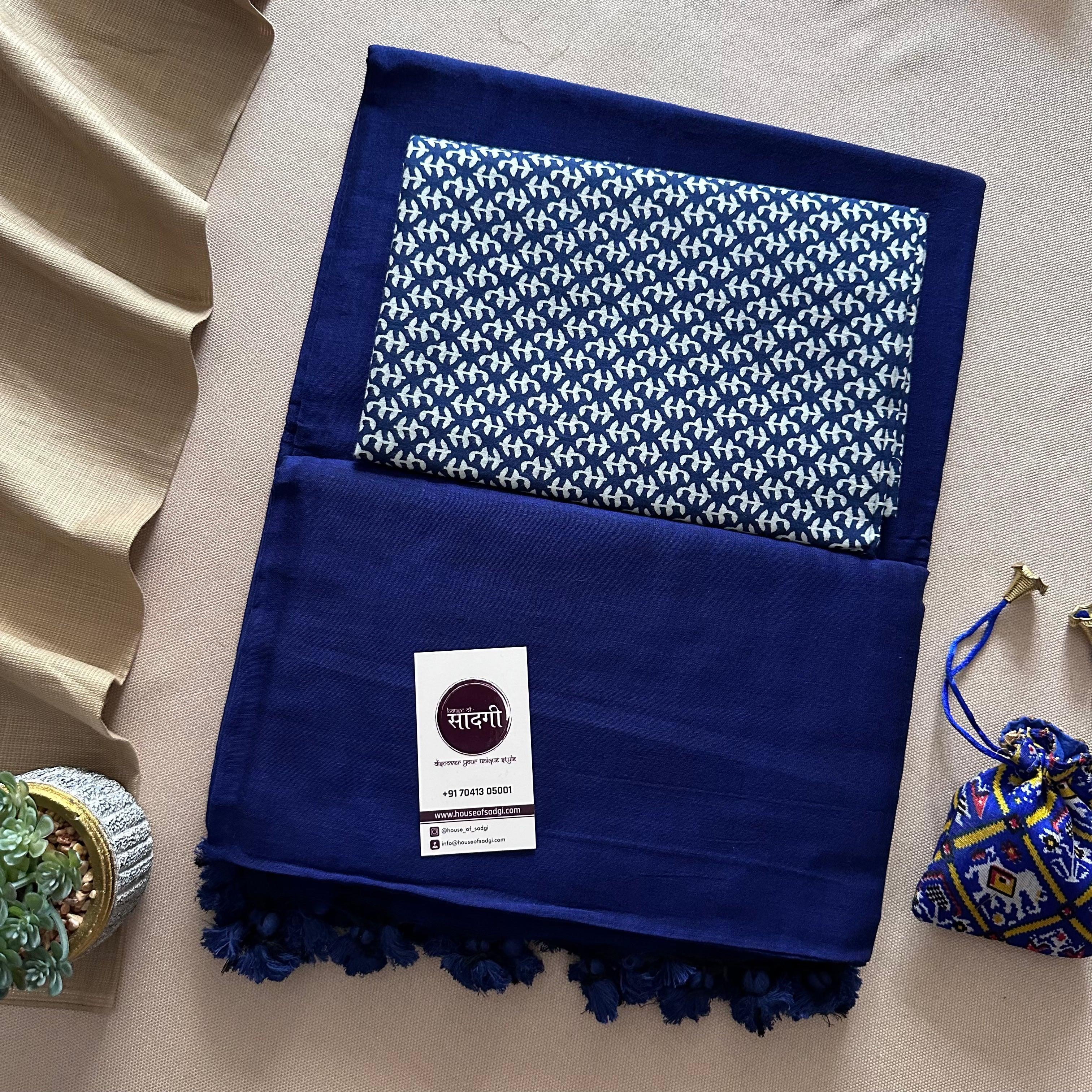 Royal Blue Khadi Cotton Saree With Butti Printed Blouse - House Of Sadgi