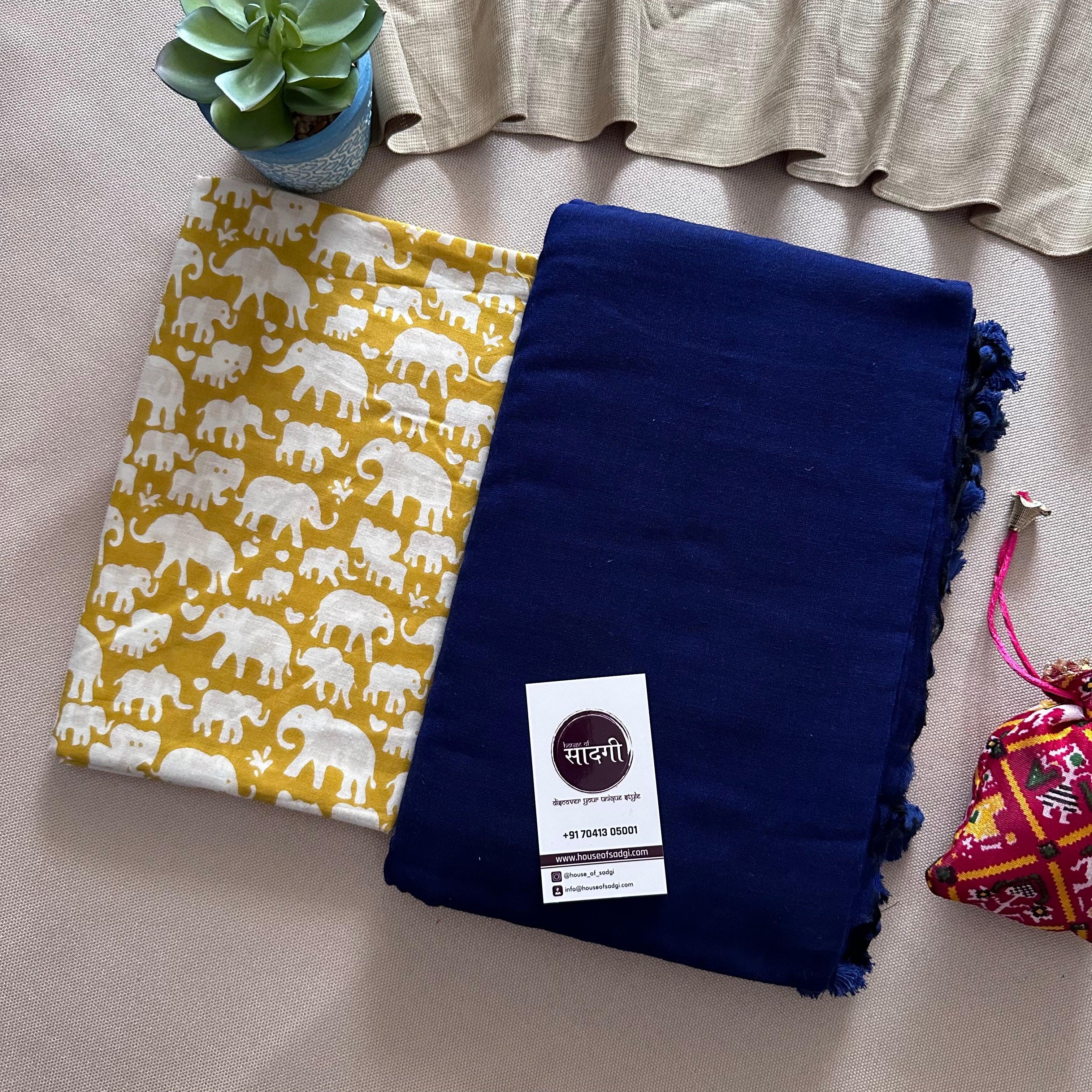 Royal Blue Khadi Cotton Saree With Elephant Printed Blouse - House Of Sadgi