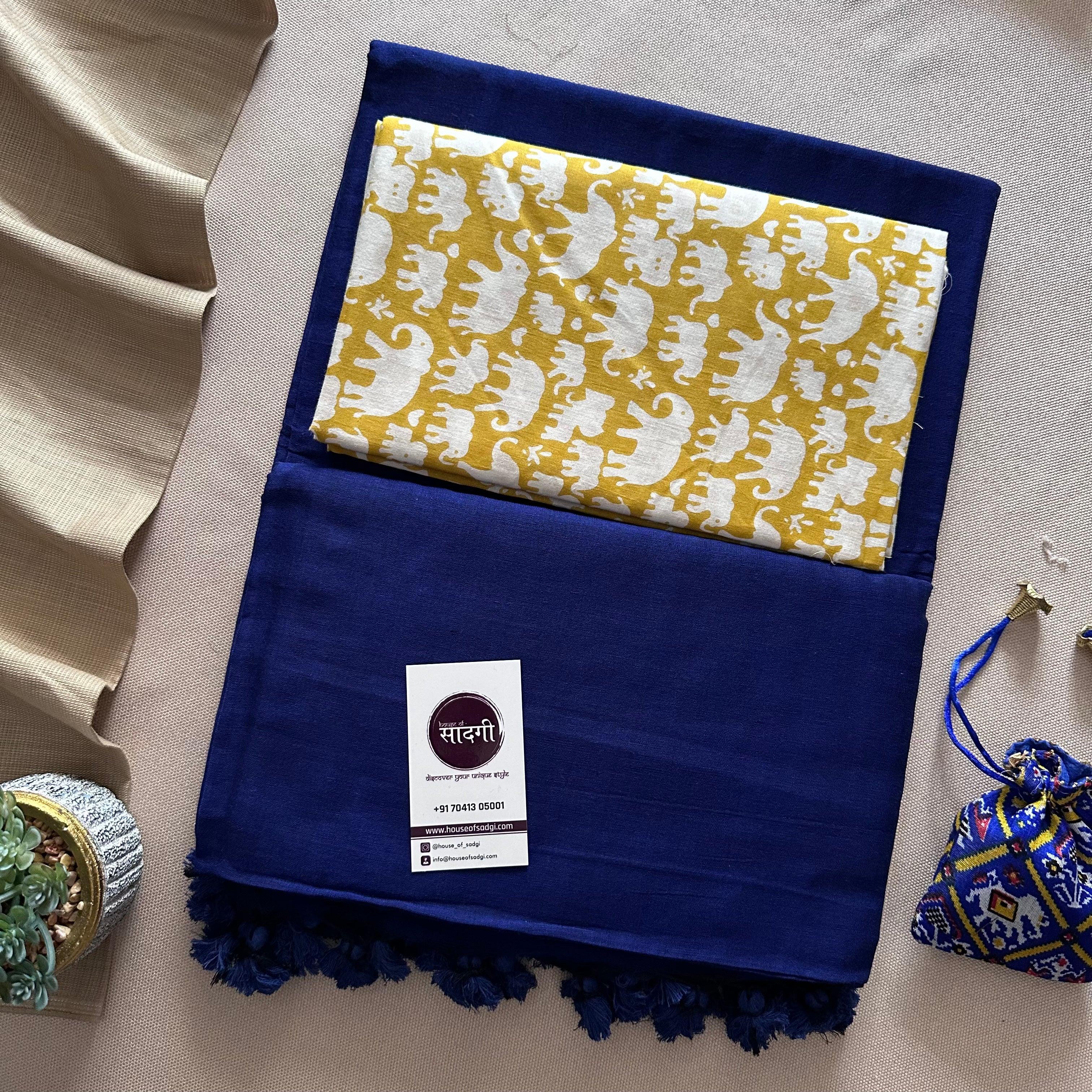 Royal Blue Khadi Cotton Saree With Elephant Printed Blouse - House Of Sadgi