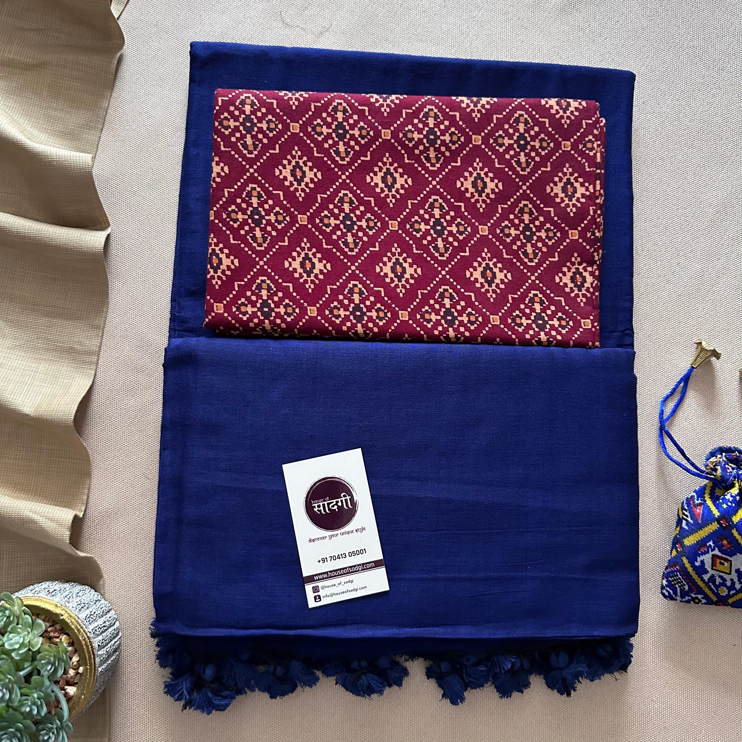 Royal Blue Khadi Cotton Saree With Marun Printed Blouse - House Of Sadgi