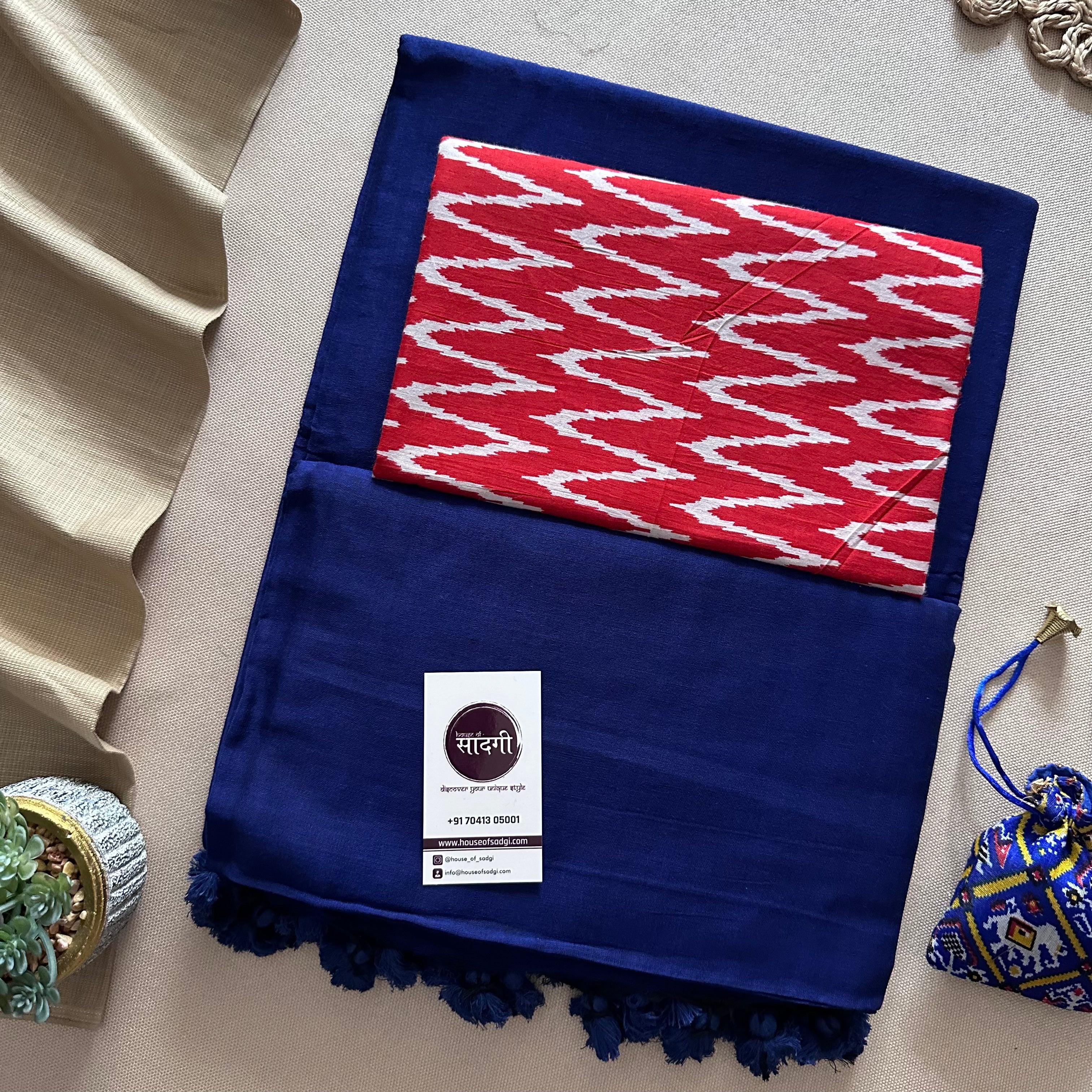 Royal Blue Khadi Cotton Saree With Red Printed Blouse - House Of Sadgi