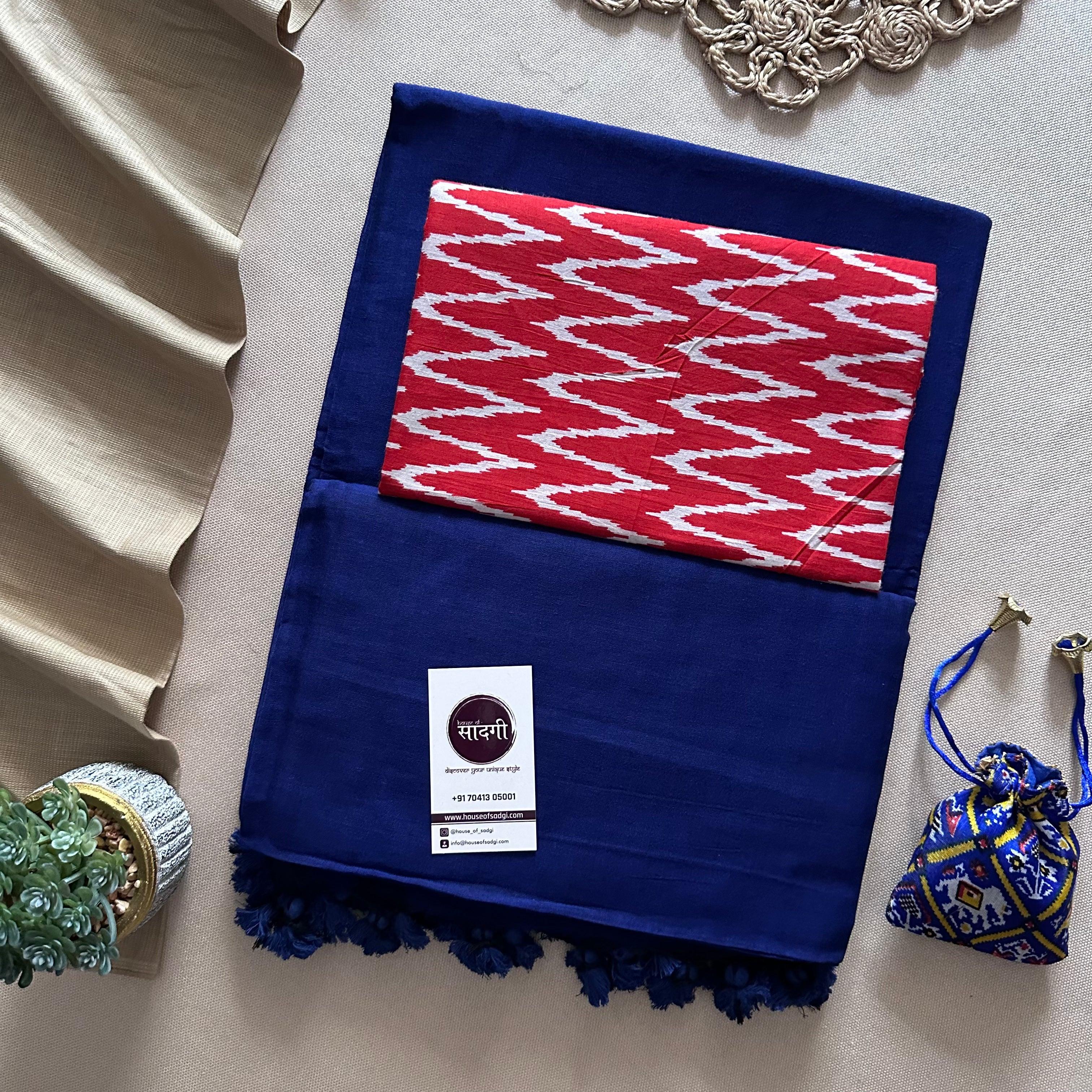 Royal Blue Khadi Cotton Saree With Red Printed Blouse - House Of Sadgi