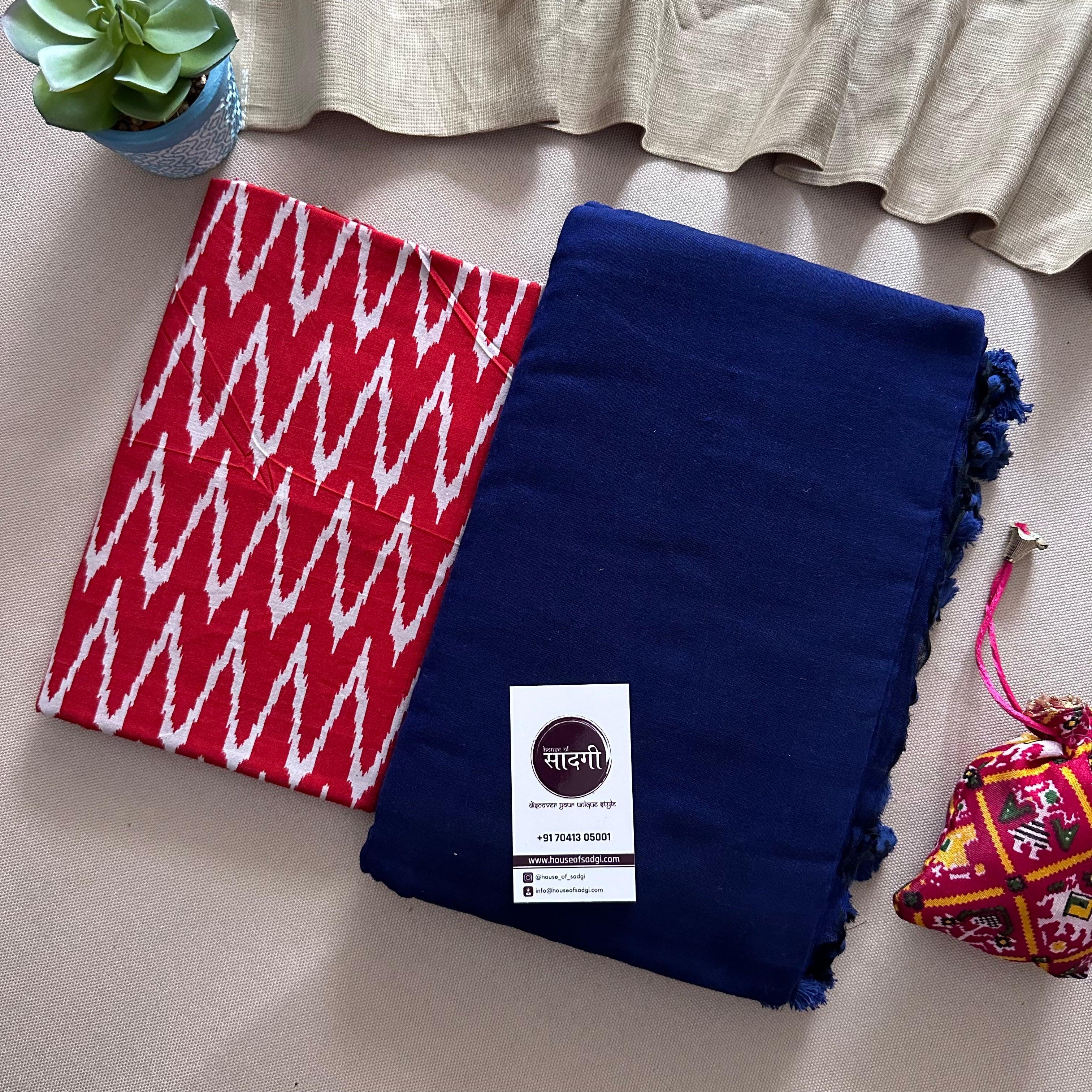 Royal Blue Khadi Cotton Saree With Red Printed Blouse - House Of Sadgi