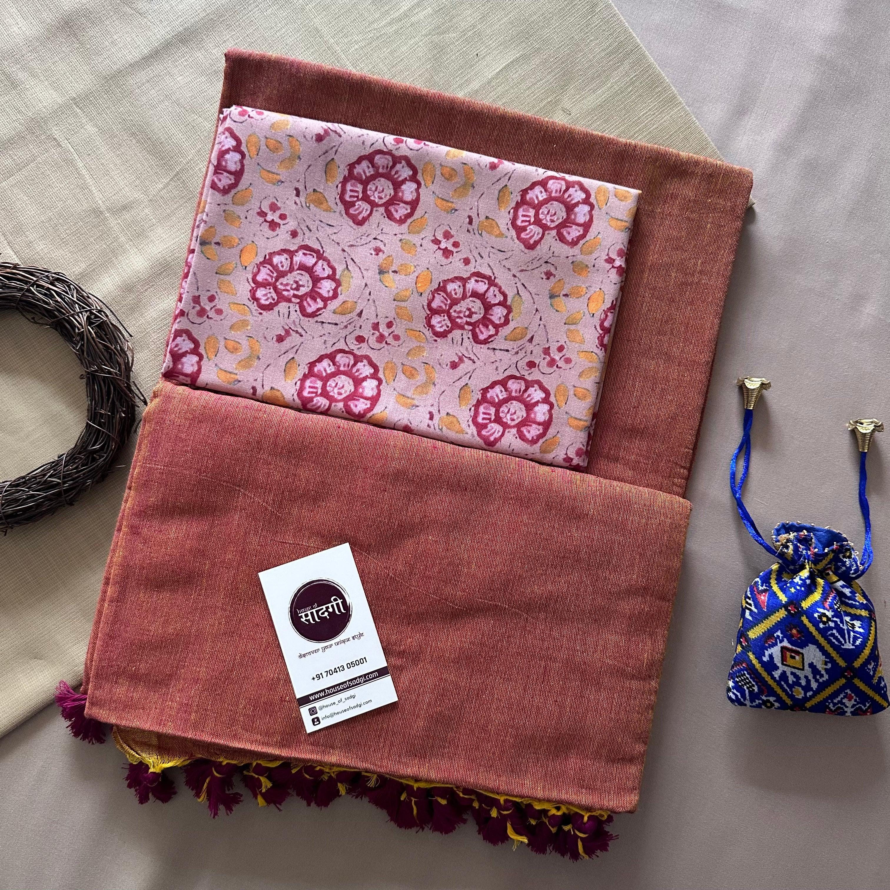 Rust Orange Khadi Cotton Saree With Flower Printed Blouse - House Of Sadgi