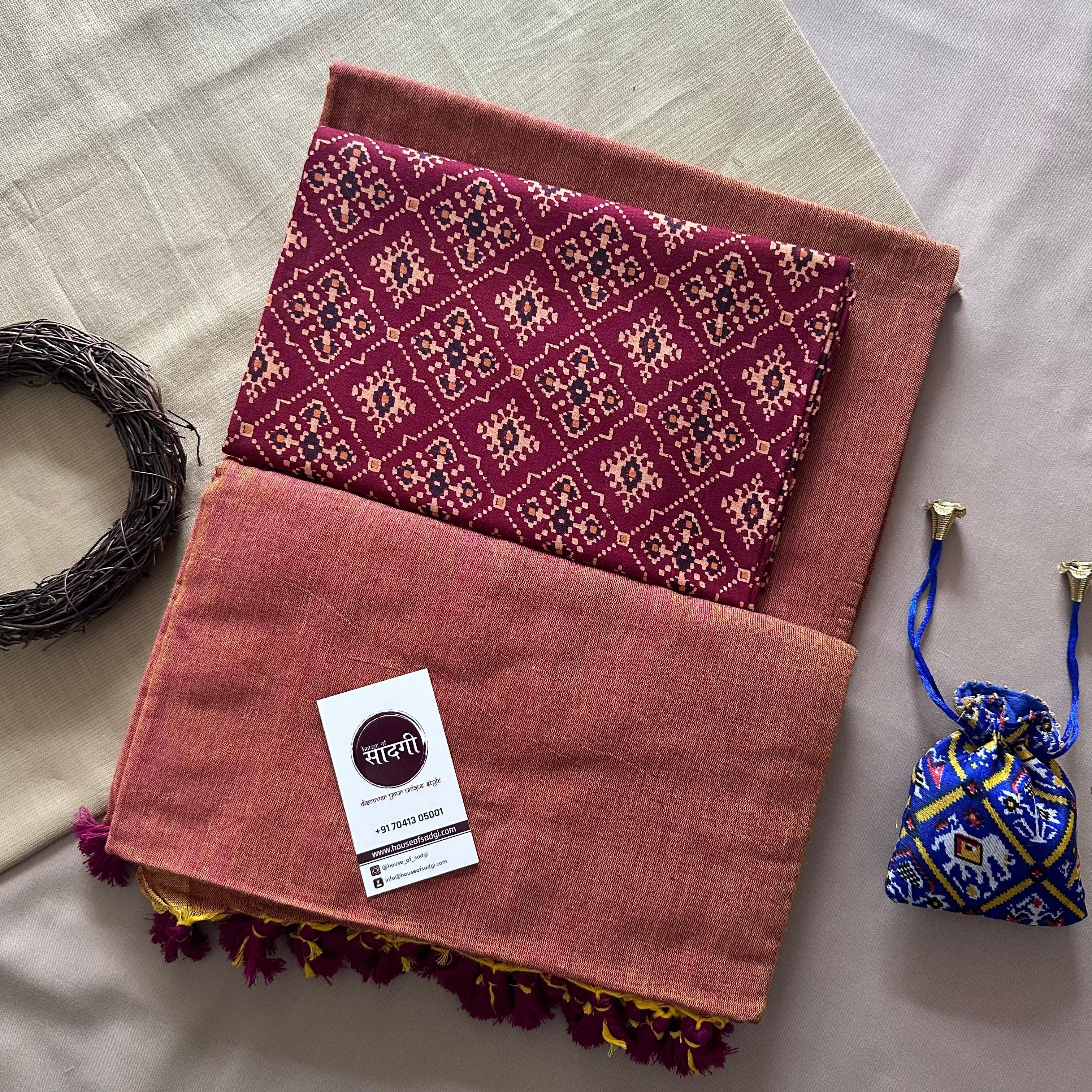 Rust Orange Khadi Cotton Saree With Marun Printed Blouse - House Of Sadgi