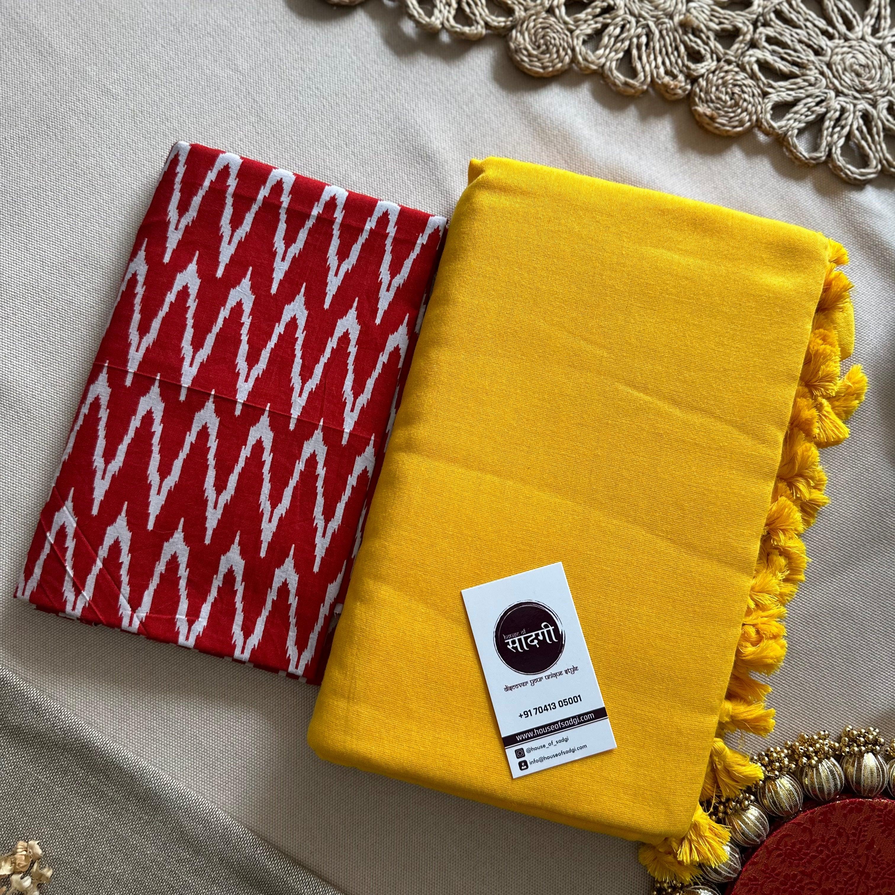 Yellow Handloom Khadi Cotton Saree With Ikkat Printed Blouse - House Of Sadgi