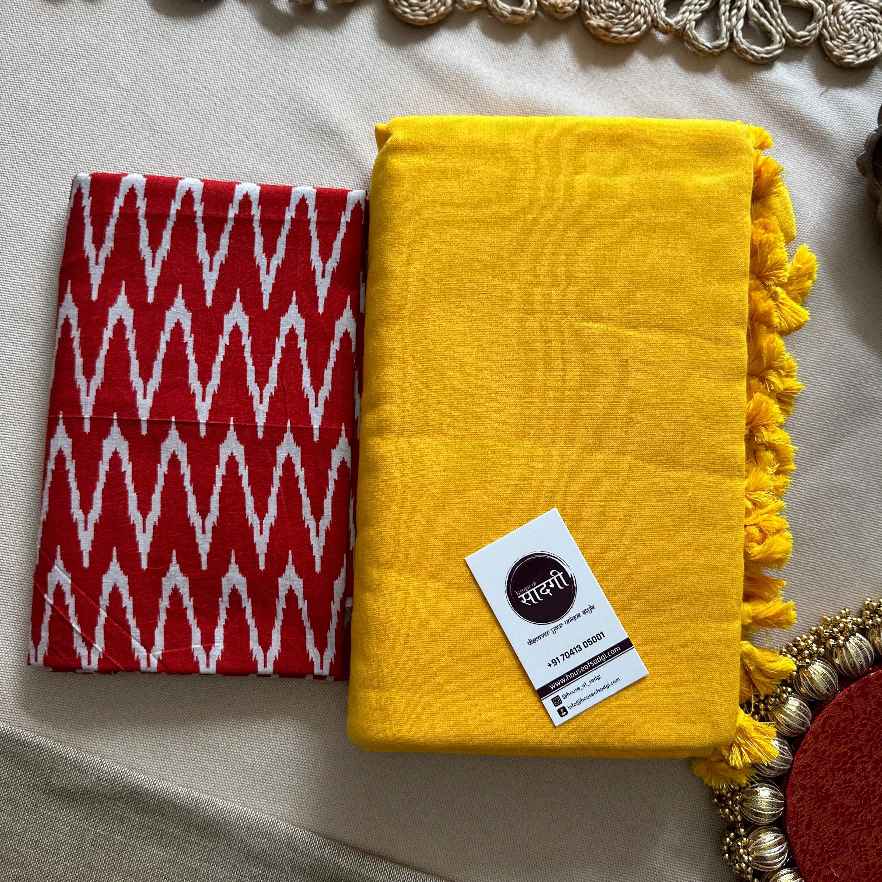 Yellow Handloom Khadi Cotton Saree With Ikkat Printed Blouse - House Of Sadgi