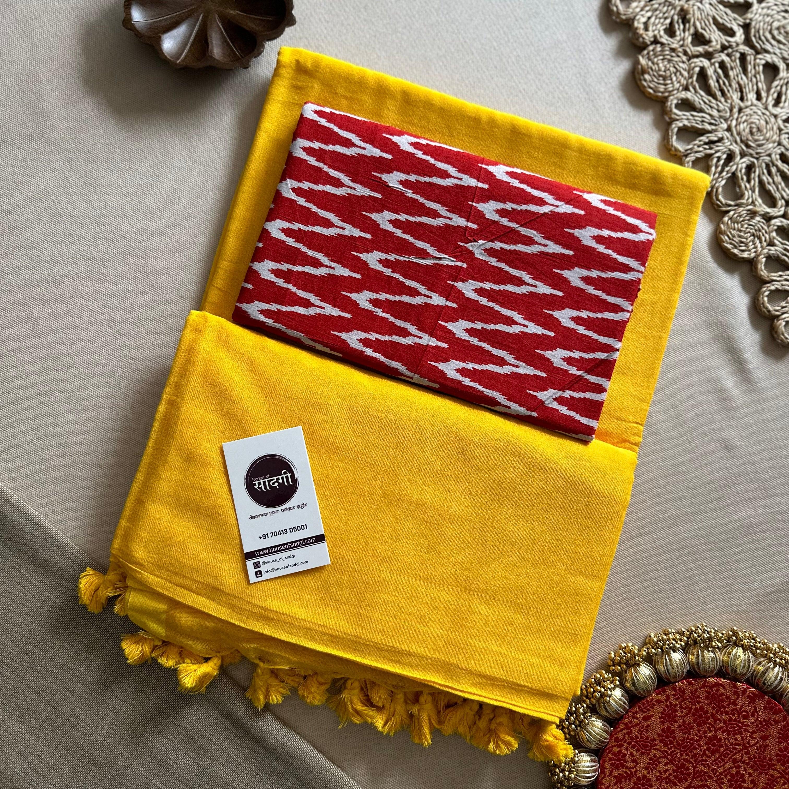 Yellow Handloom Khadi Cotton Saree With Ikkat Printed Blouse - House Of Sadgi