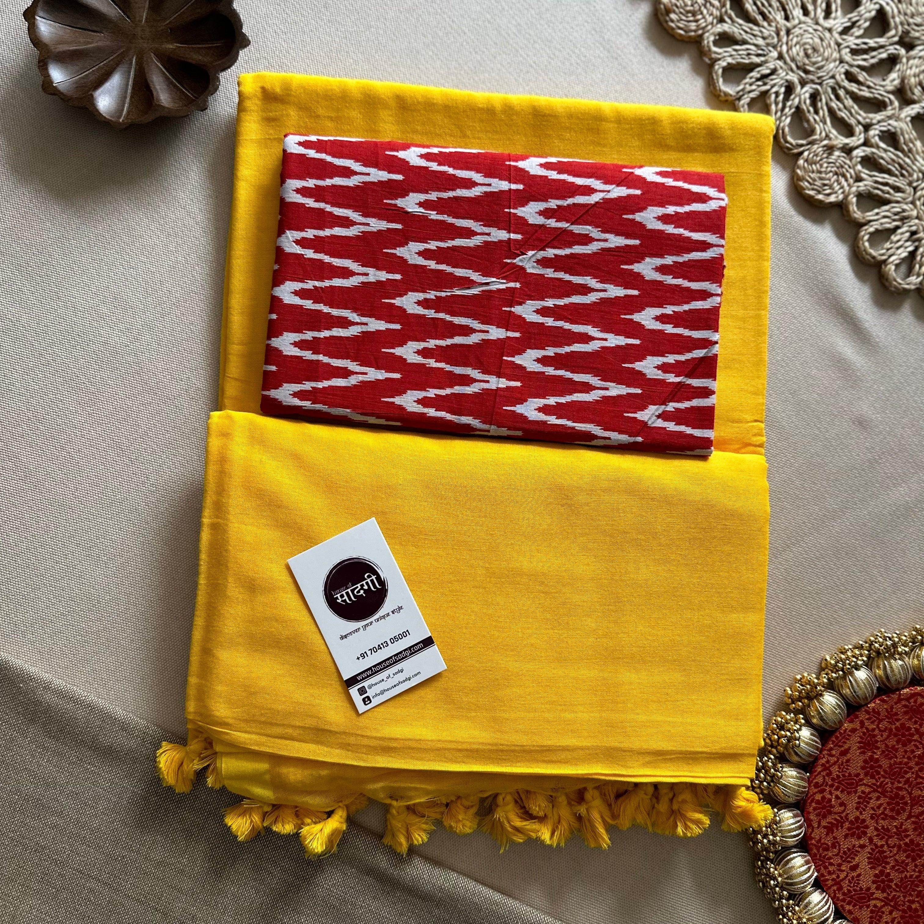 Yellow Handloom Khadi Cotton Saree With Ikkat Printed Blouse - House Of Sadgi