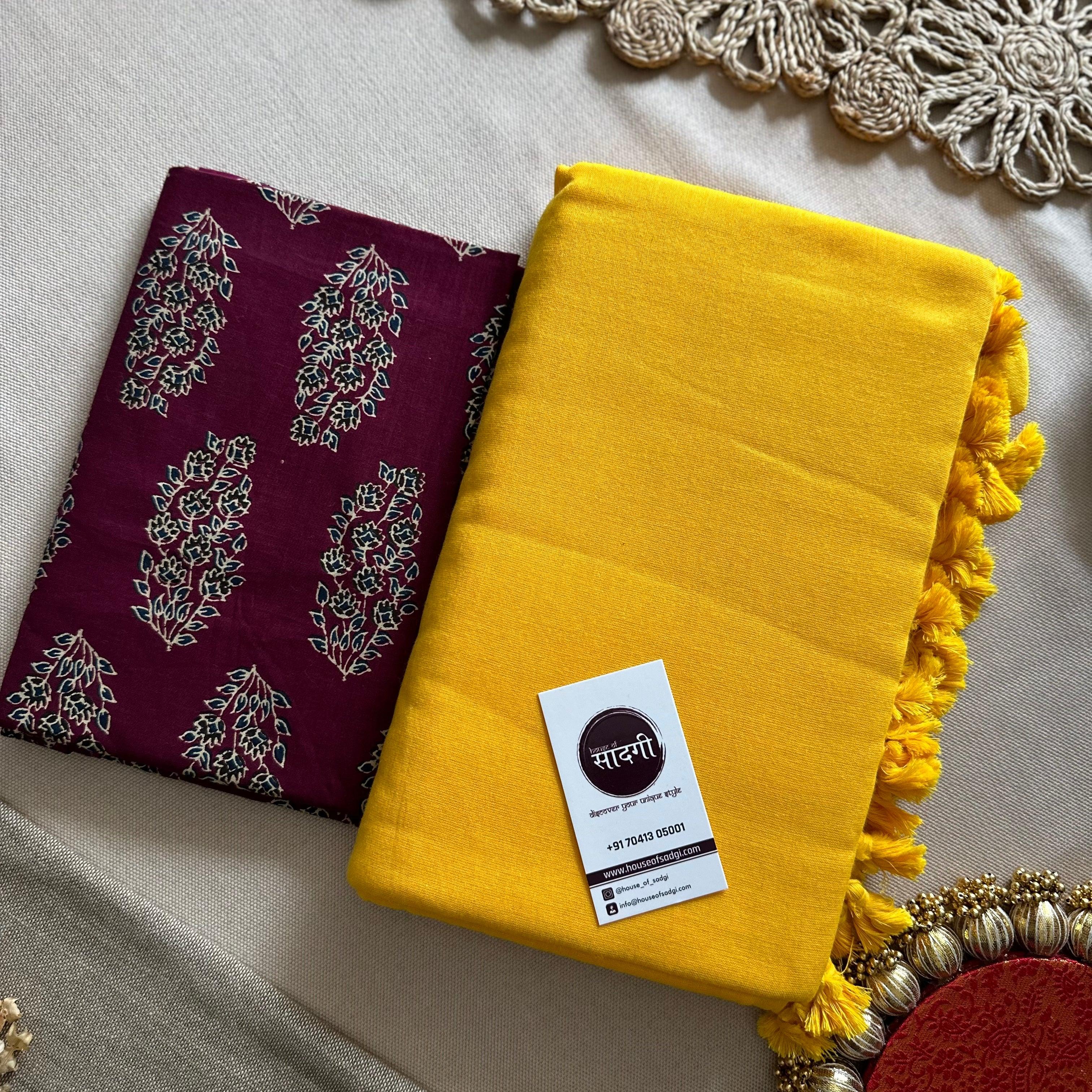 Yellow Handloom Khadi Cotton Saree With Leaf Printed Blouse - House Of Sadgi