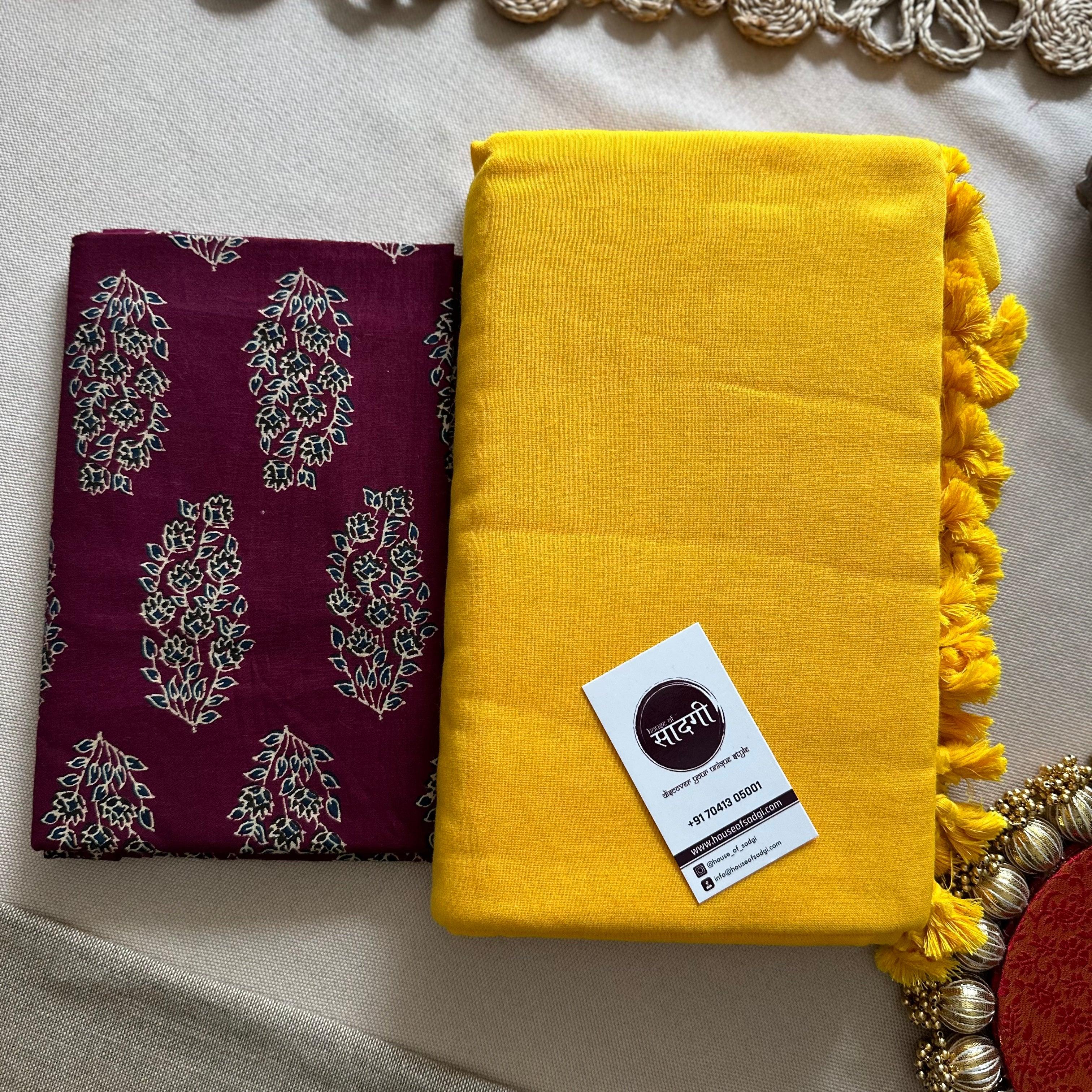 Yellow Handloom Khadi Cotton Saree With Leaf Printed Blouse - House Of Sadgi