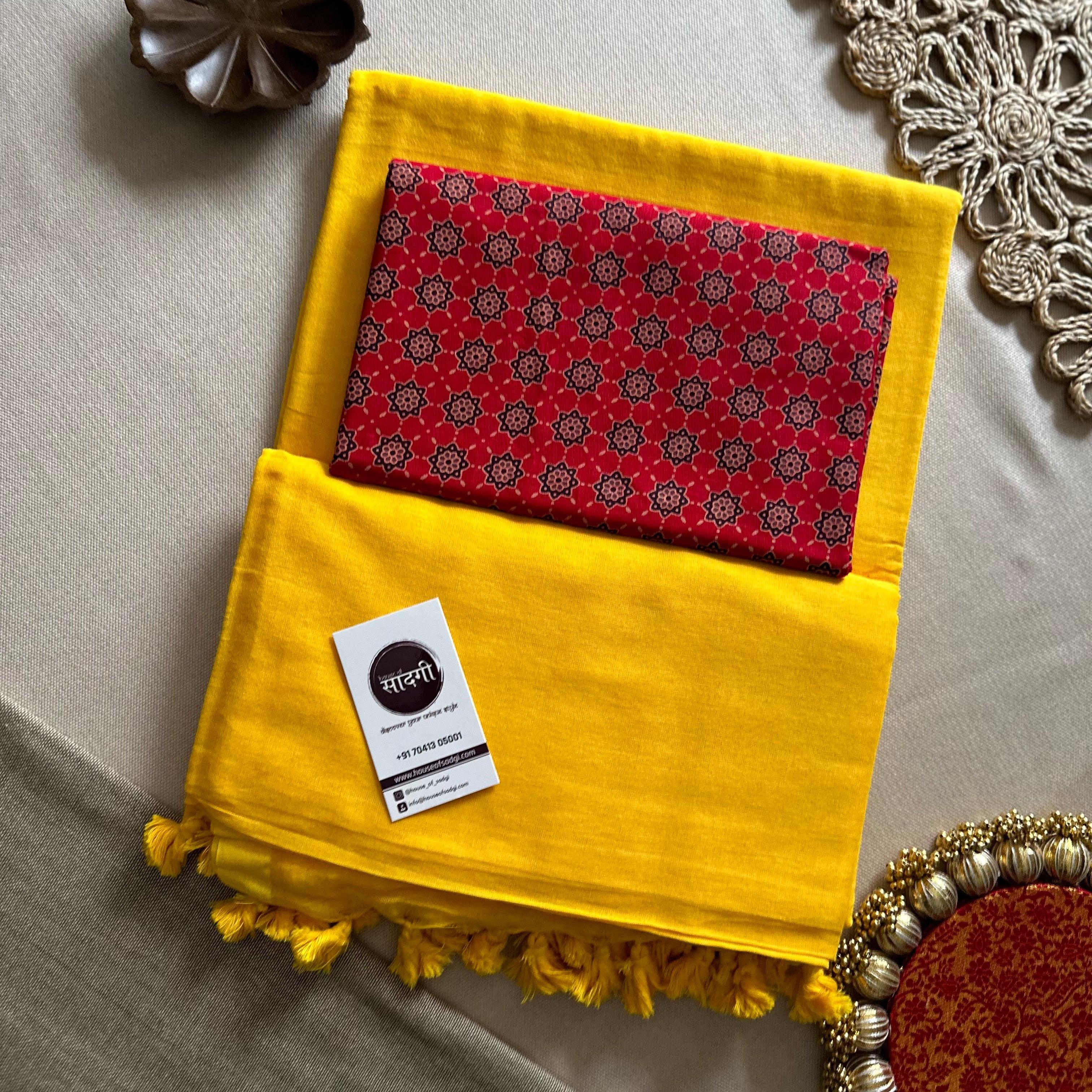 Yellow Handloom Khadi Cotton Saree With Red Printed Blouse - House Of Sadgi