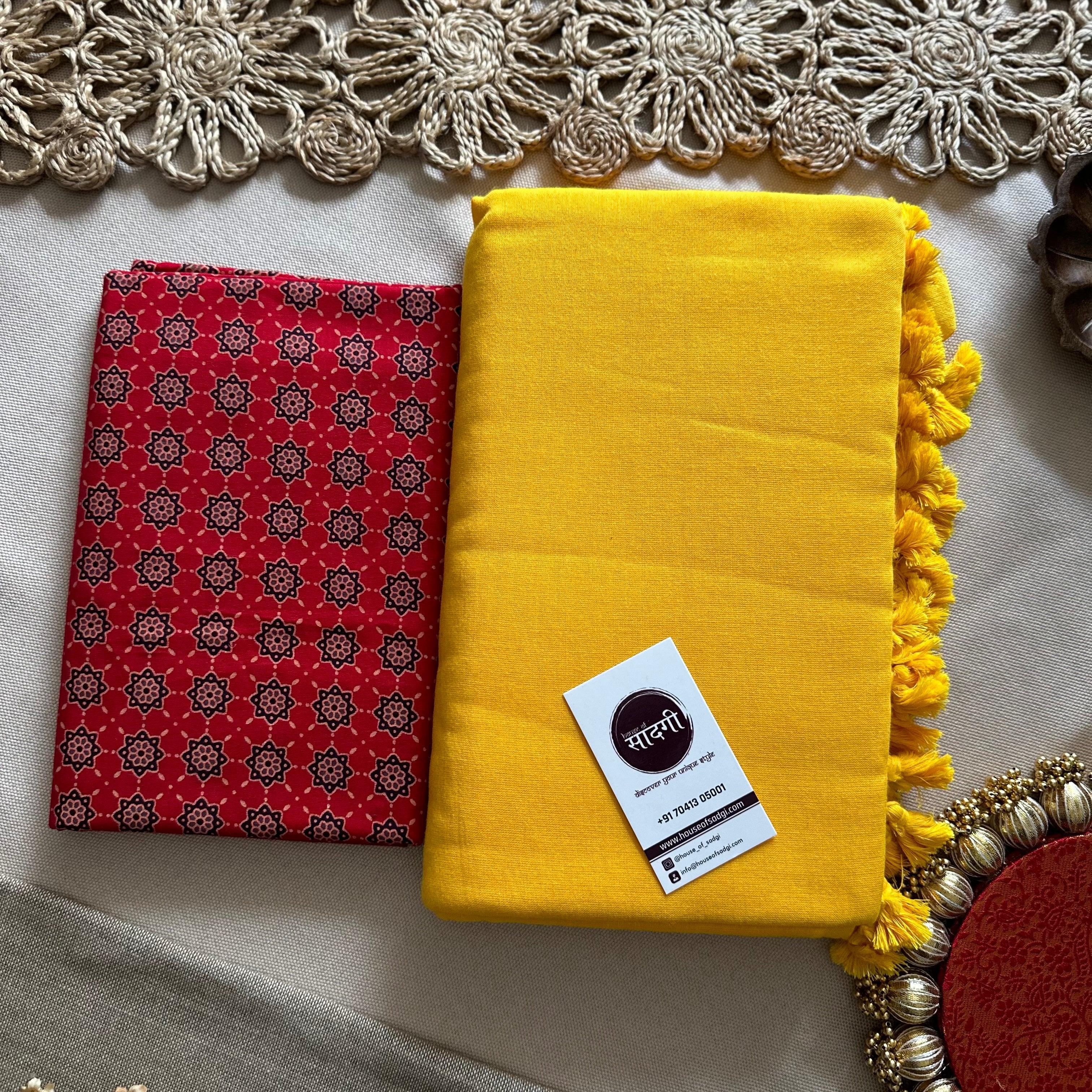 Yellow Handloom Khadi Cotton Saree With Red Printed Blouse - House Of Sadgi