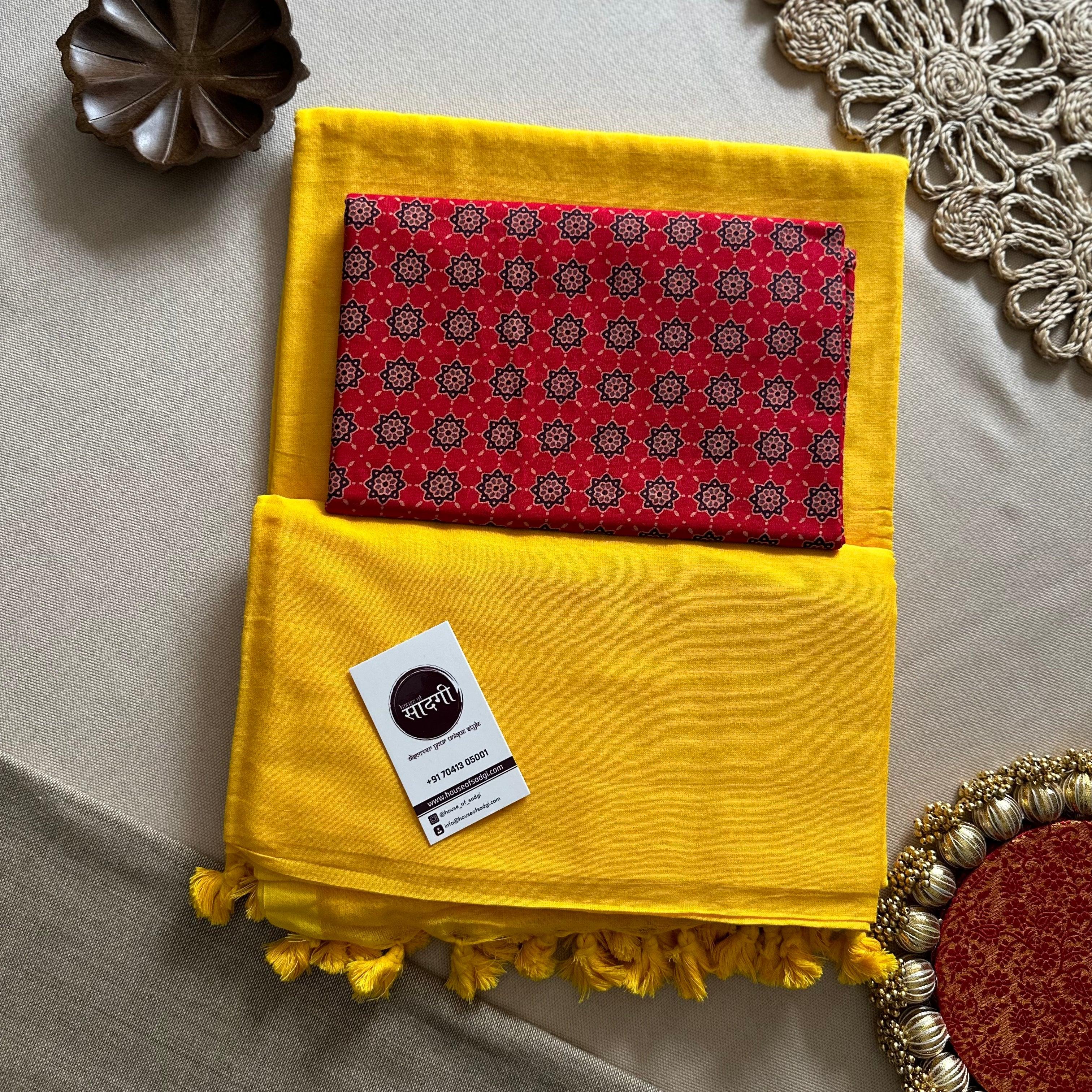 Yellow Handloom Khadi Cotton Saree With Red Printed Blouse - House Of Sadgi