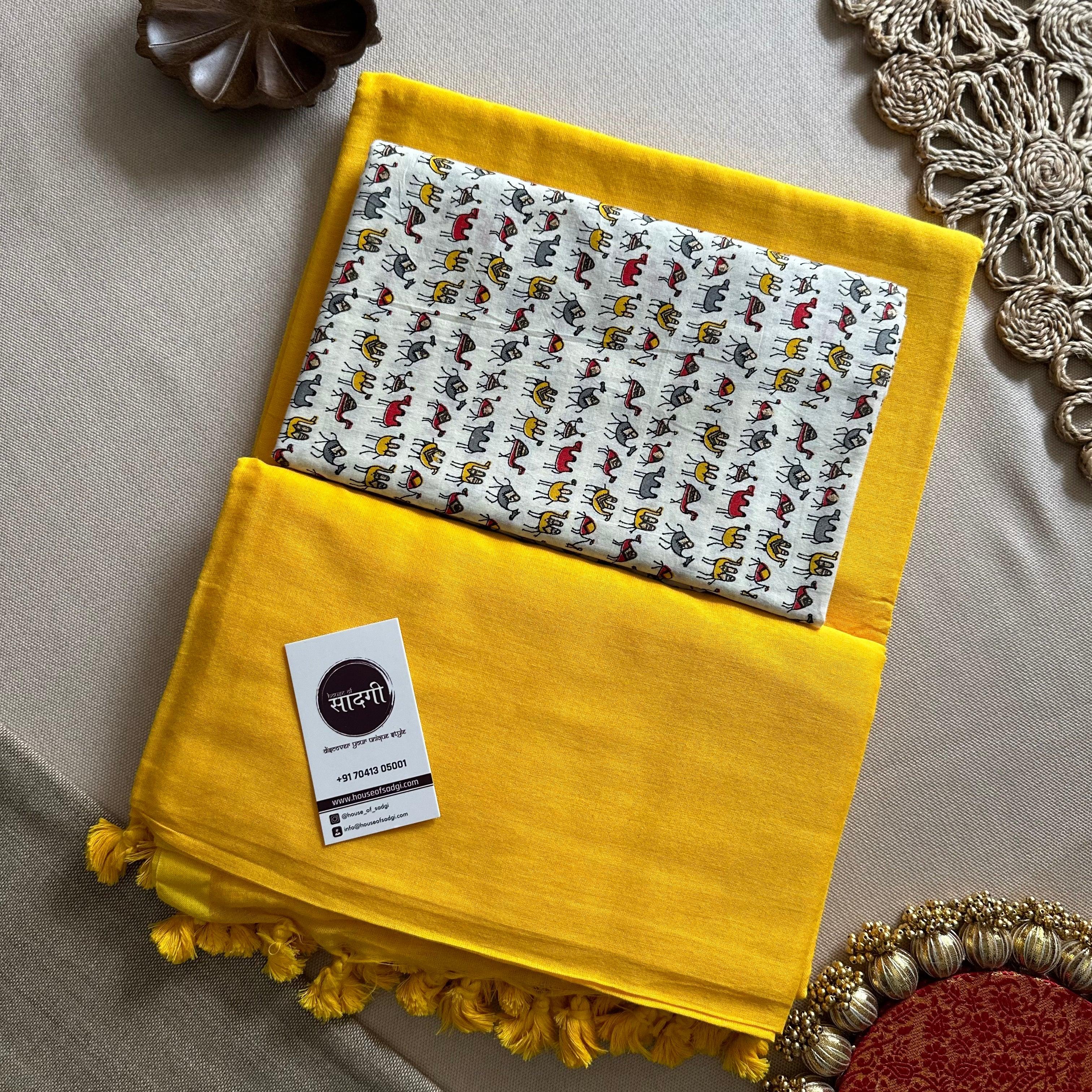 Yellow Handloom Khadi Cotton Saree With White Printed Blouse - House Of Sadgi