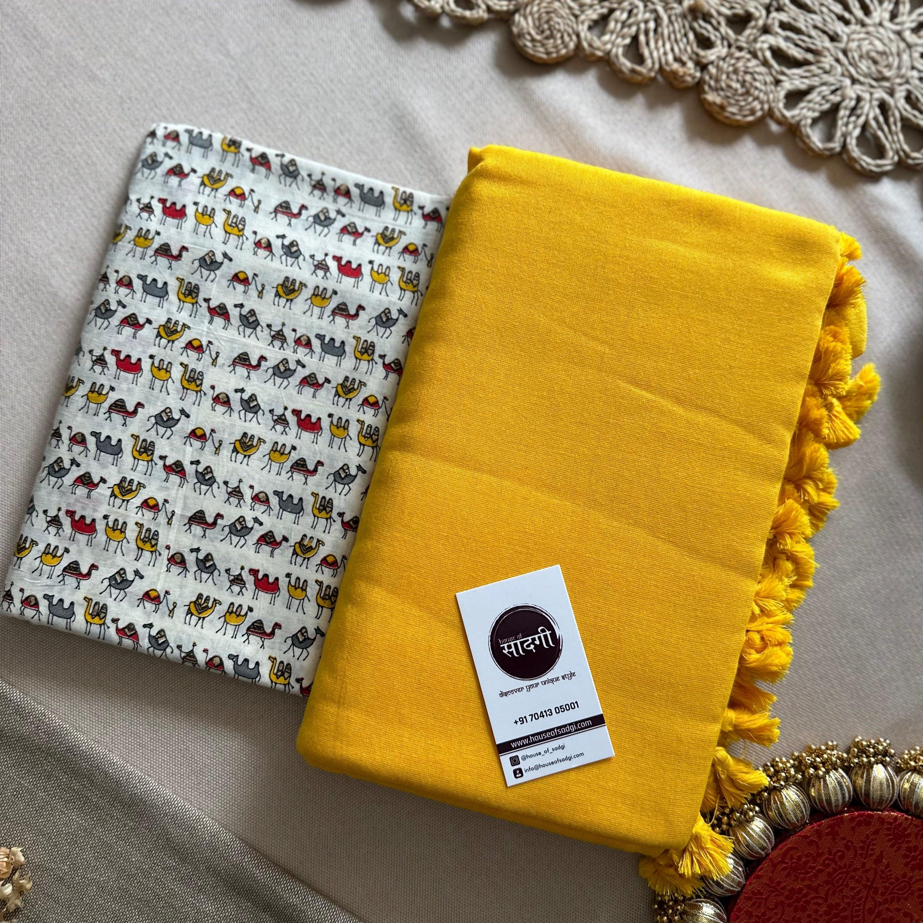 Yellow Handloom Khadi Cotton Saree With White Printed Blouse - House Of Sadgi