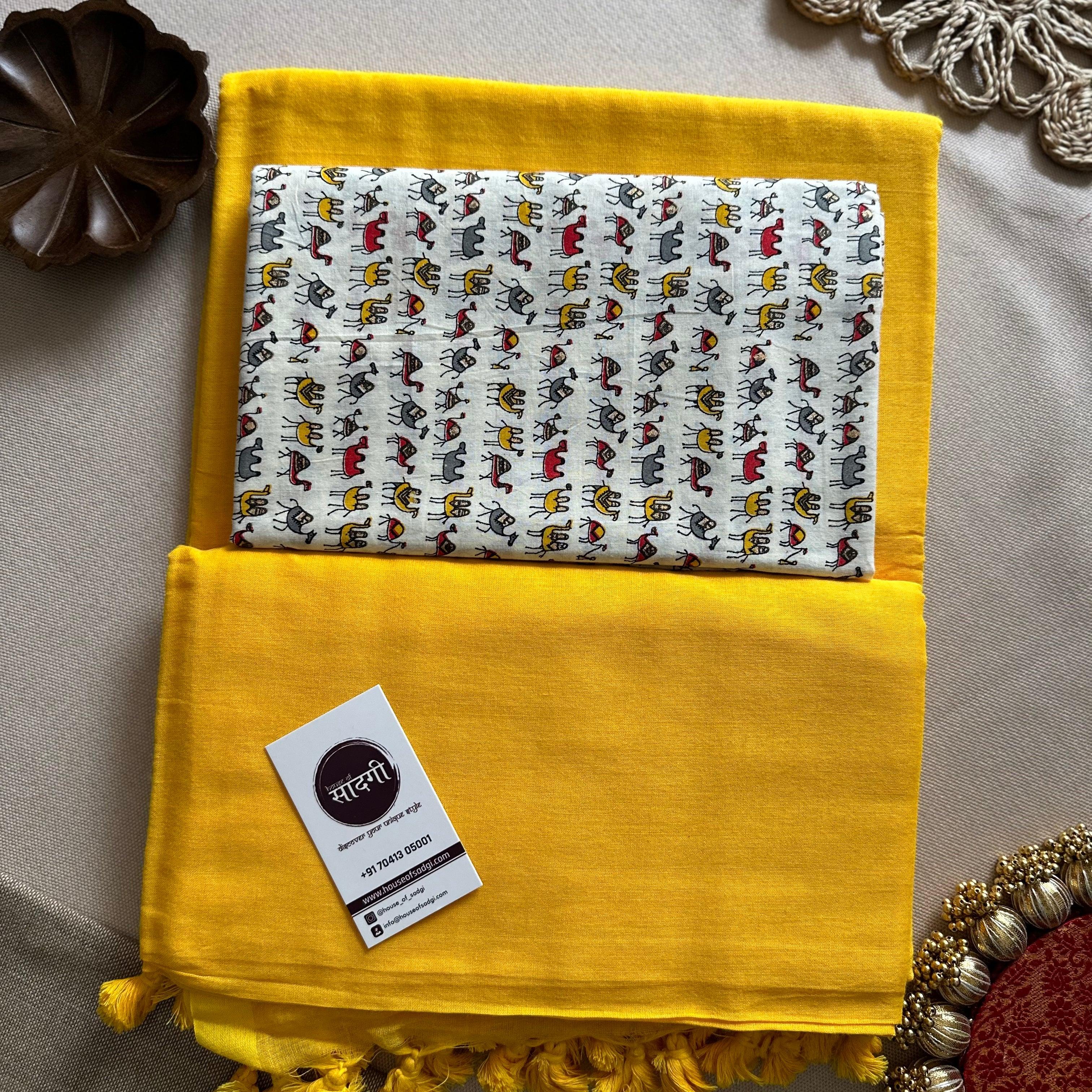 Yellow Handloom Khadi Cotton Saree With White Printed Blouse - House Of Sadgi