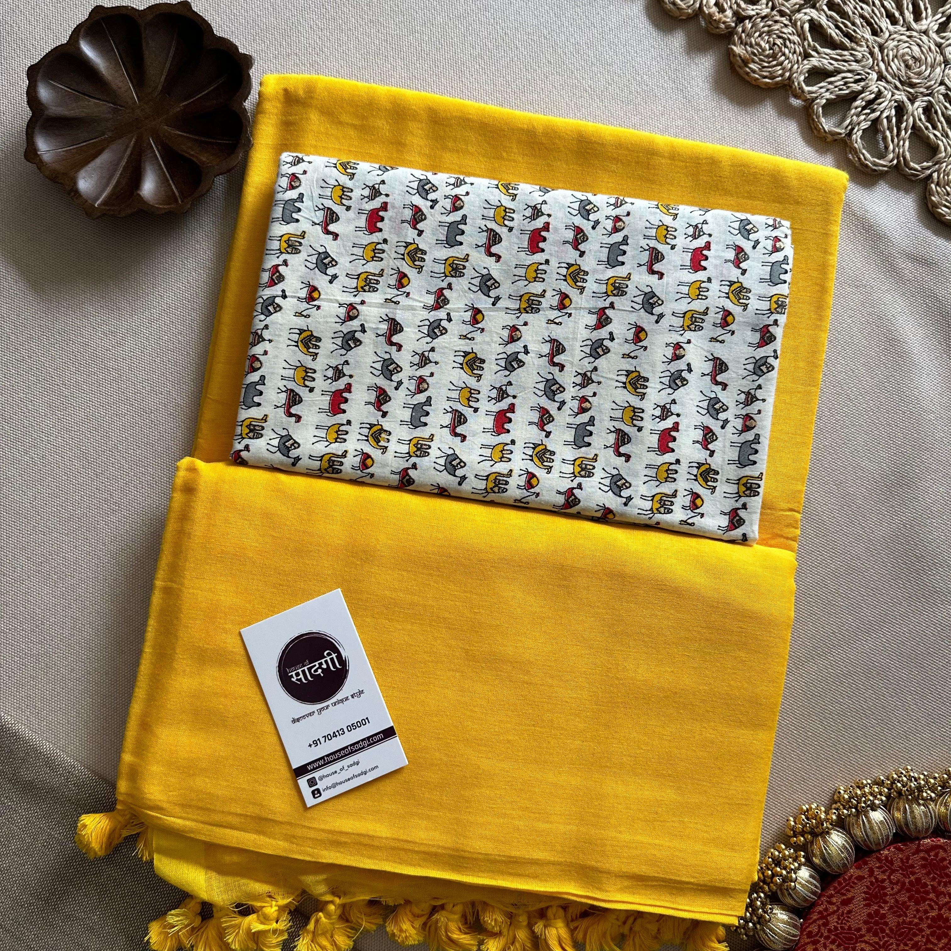 Yellow Handloom Khadi Cotton Saree With White Printed Blouse - House Of Sadgi