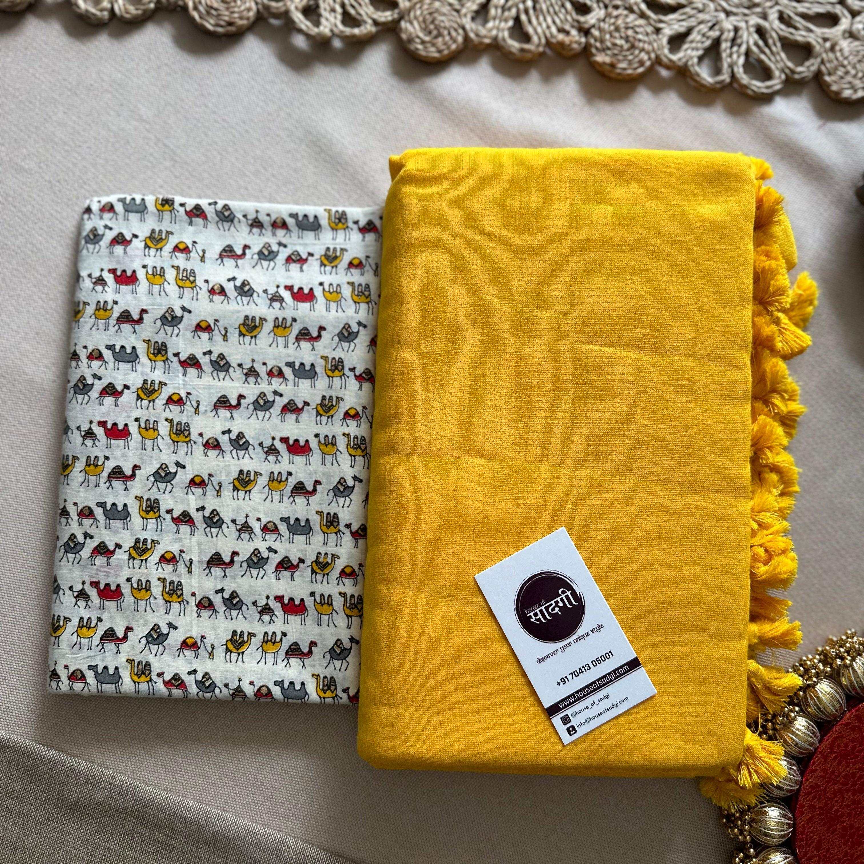 Yellow Handloom Khadi Cotton Saree With White Printed Blouse - House Of Sadgi