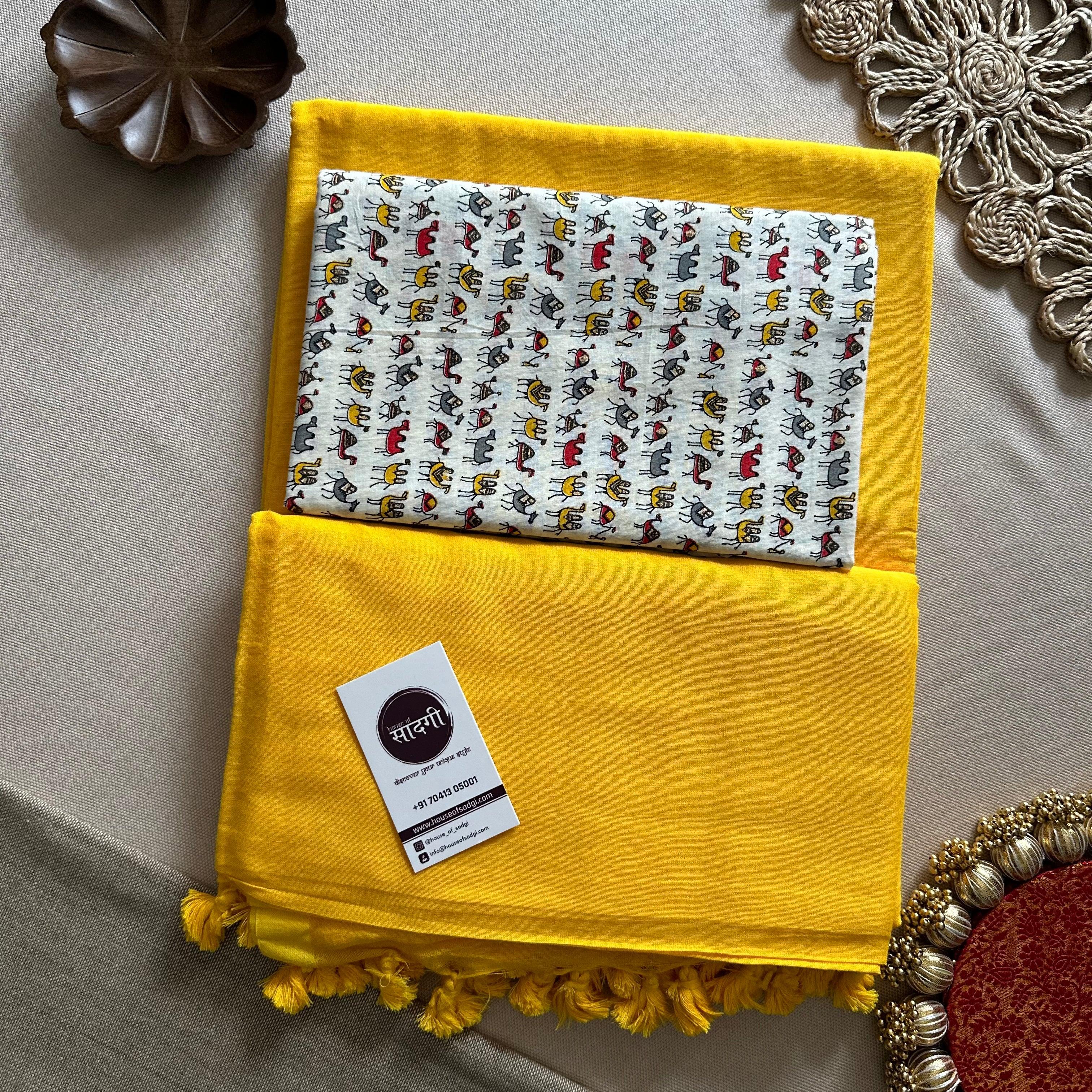 Yellow Handloom Khadi Cotton Saree With White Printed Blouse - House Of Sadgi